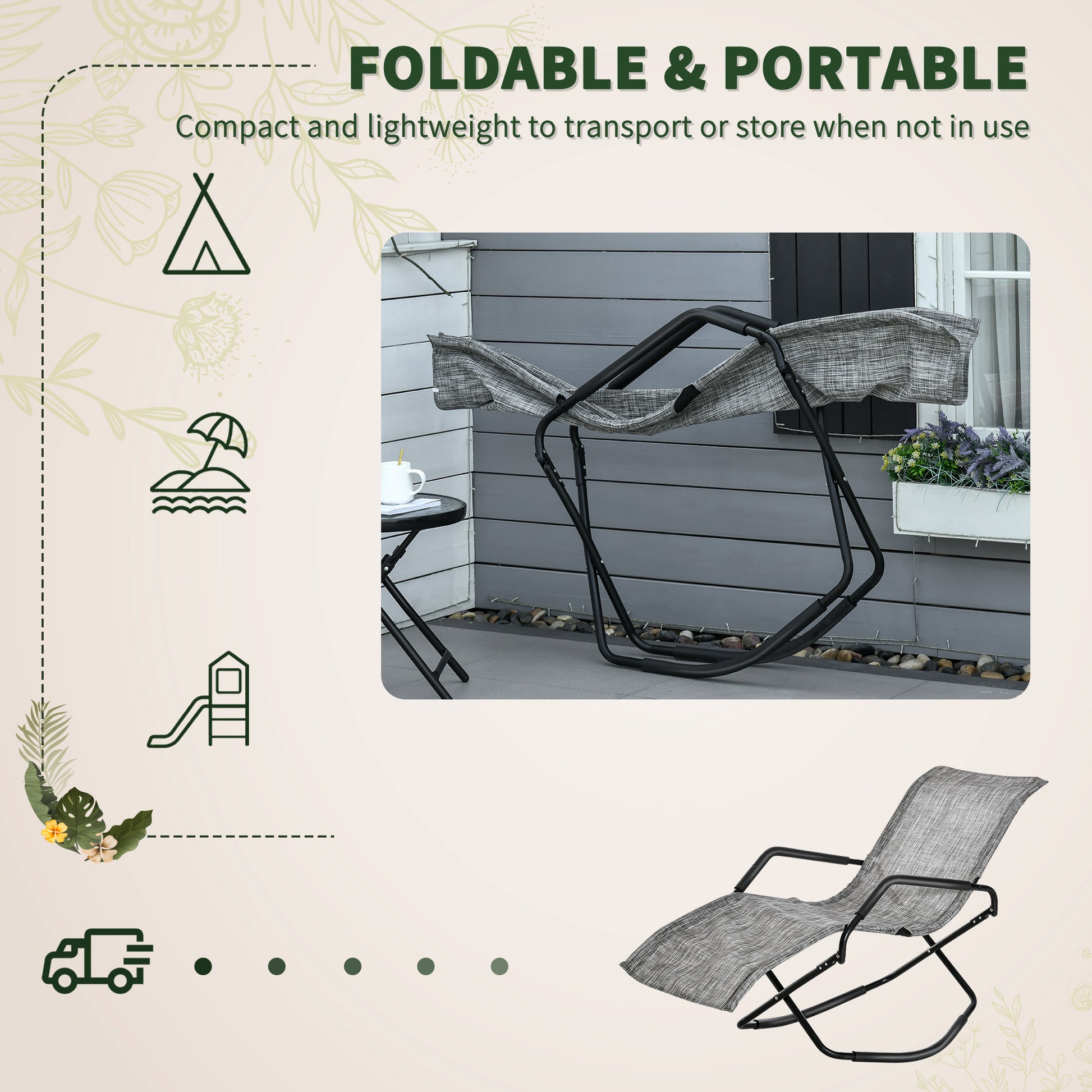 Rocking Sun Lounger, Chaise Lounge Rocker For Sunbathing, Sun Tanning, Foldable, Portable Outdoor Patio Chair, Gray Gray Steel