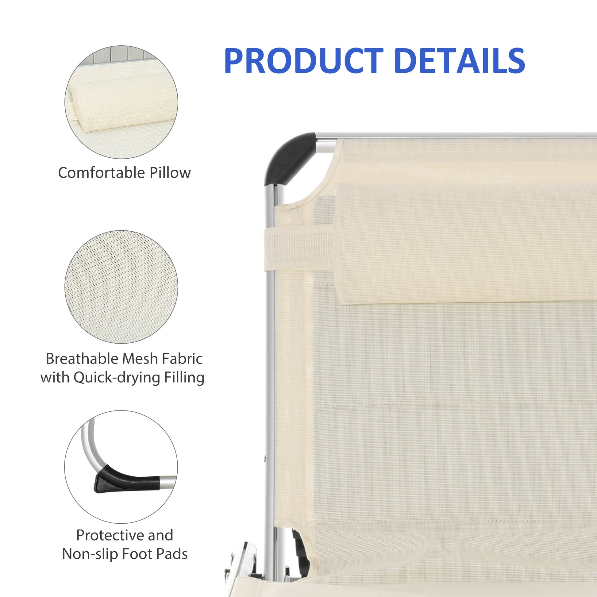 Foldable Outdoor Chaise Lounge Chair, 5 Level Reclining Camping Tanning Chair With Aluminum Frame, Padding, And Headrest For Beach, Yard, Patio, Pool, White White Aluminium