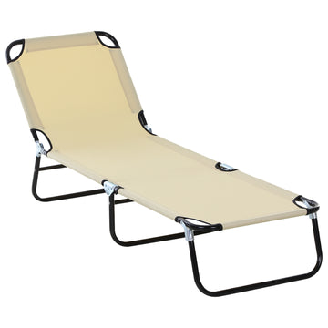 Foldable Outdoor Chaise Lounge Chair, 5 Level Reclining Camping Tanning Chair With Strong Oxford Fabric For Beach, Yard, Patio, Pool, Beige Beige Steel