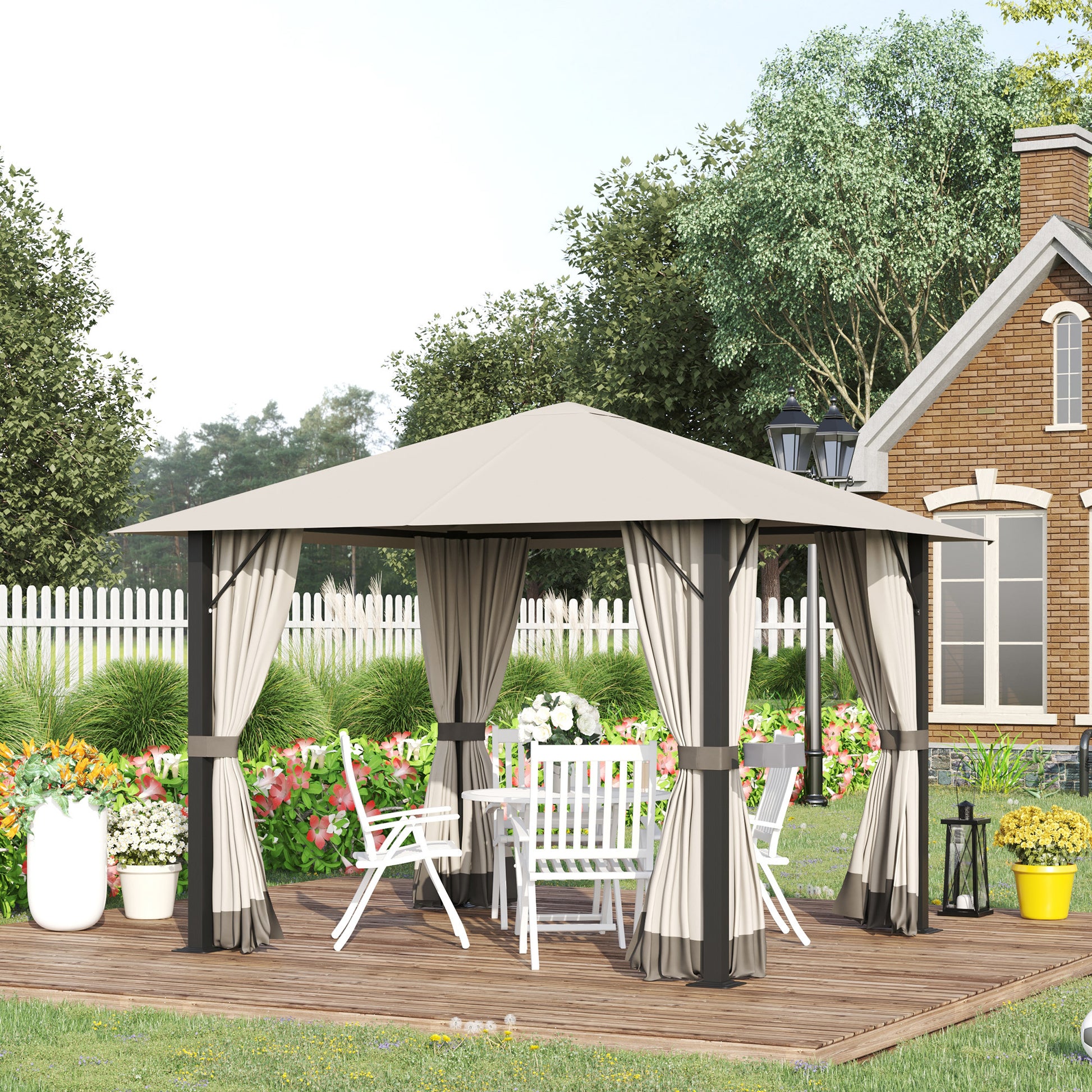 10' X 10' Patio Gazebo Aluminum Frame Outdoor Canopy Shelter With Sidewalls, Vented Roof For Garden, Lawn, Backyard, And Deck, Khaki Brown Aluminium