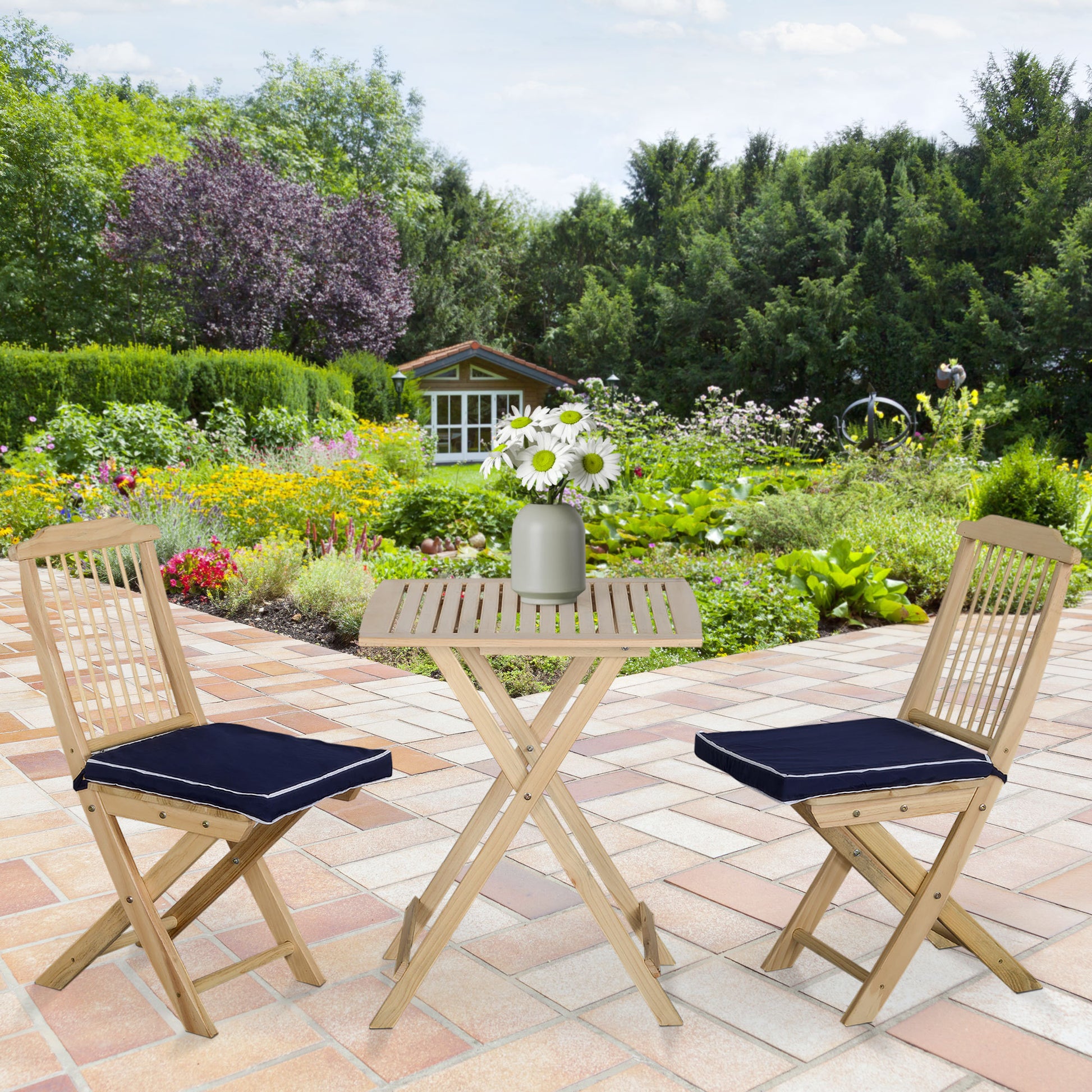 3 Pieces Patio Folding Bistro Set, Outdoor Pine Wood Table And Chairs Set With Tie On Cushion & Square Coffee Table, Great For Indoor, Poolside, Garden, Dark Blue Natural Wood