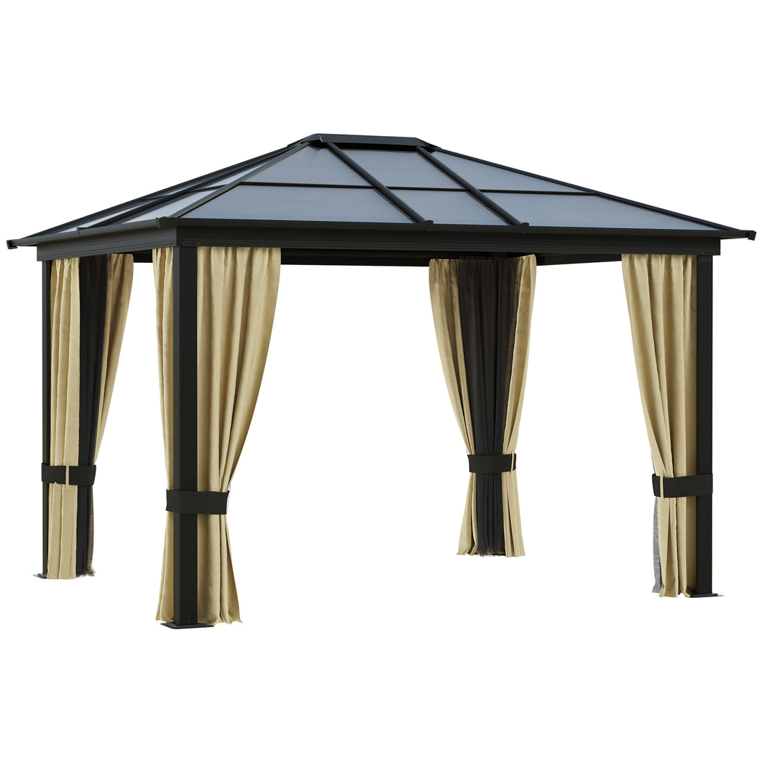 10' X 12' Hardtop Gazebo Canopy With Polycarbonate Roof, Aluminum Frame, Permanent Pavilion Outdoor Gazebo With Netting And Curtains For Patio, Garden, Backyard, Lawn, Deck Beige Polyester