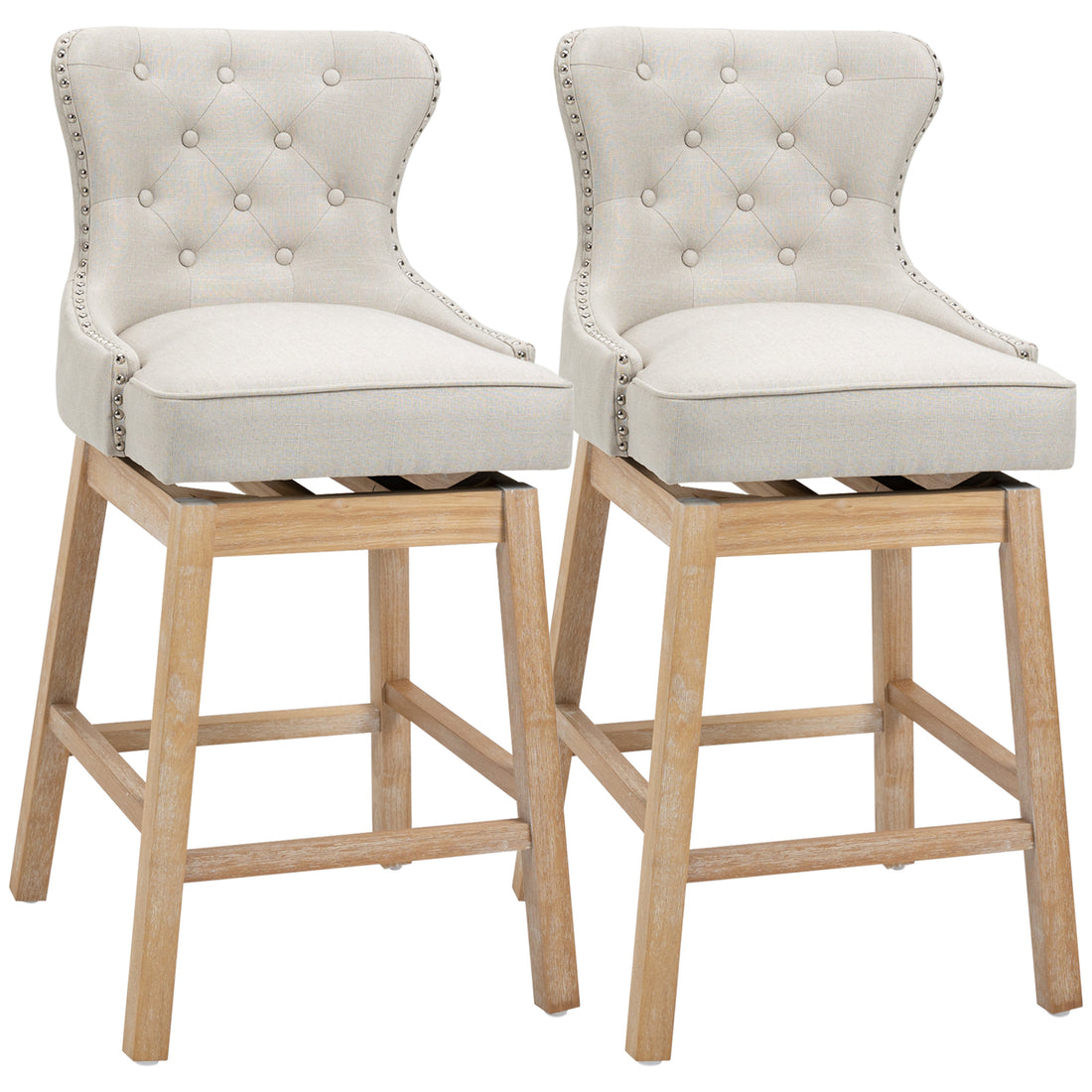 Upholstered Fabric Bar Height Bar Stools, 180 Swivel Trim Pub Chairs, 30" Seat Height With Rubber Wood Legs, Set Of 2, Cream Cream White Linen