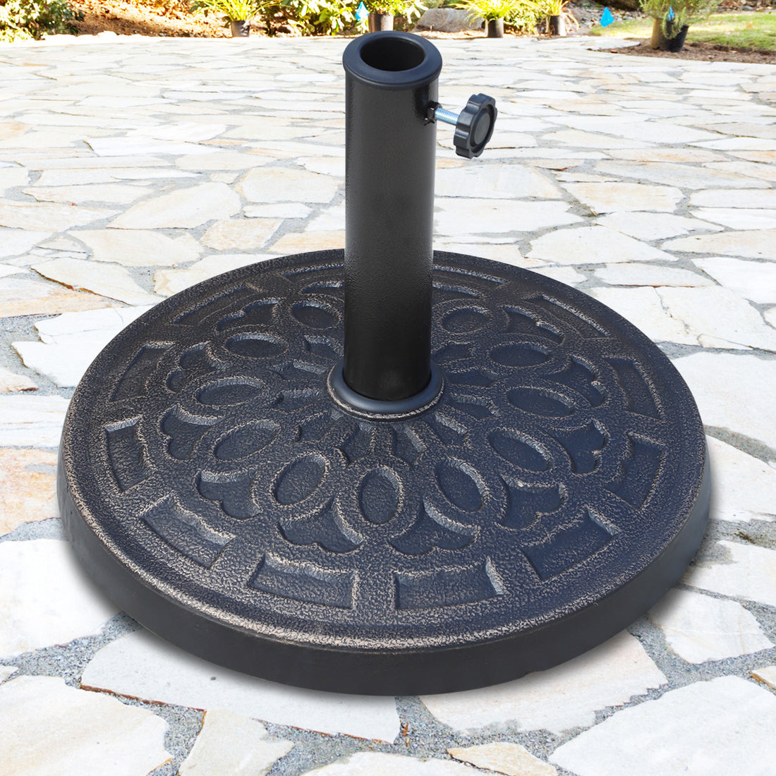 17" 26 Lbs Round Resin Umbrella Base Stand Market Parasol Holder With Beautiful Decorative Pattern & Easy Setup, For 1.5", 1.89" Pole, For Lawn, Deck, Backyard, Garden, Bronze Bronze Stone