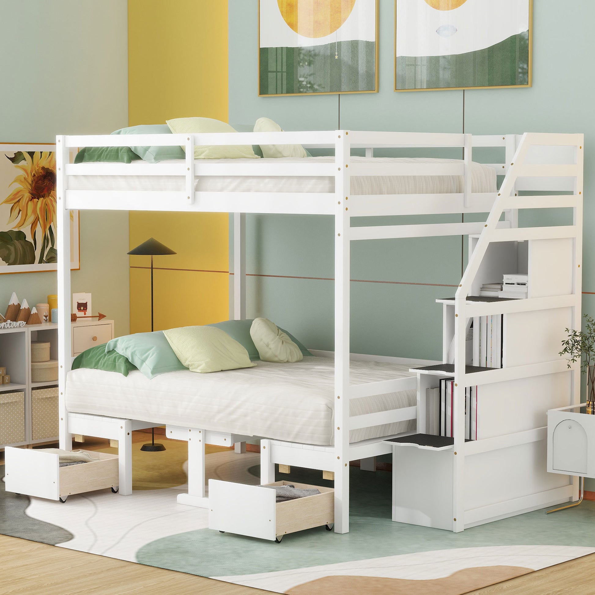 Full Over Full Size Bunk With Staircase,The Down Bed Can Be Convertible To Seats And Table Set,White Box Spring Not Required Full White Wood Bedroom Bunk Pine