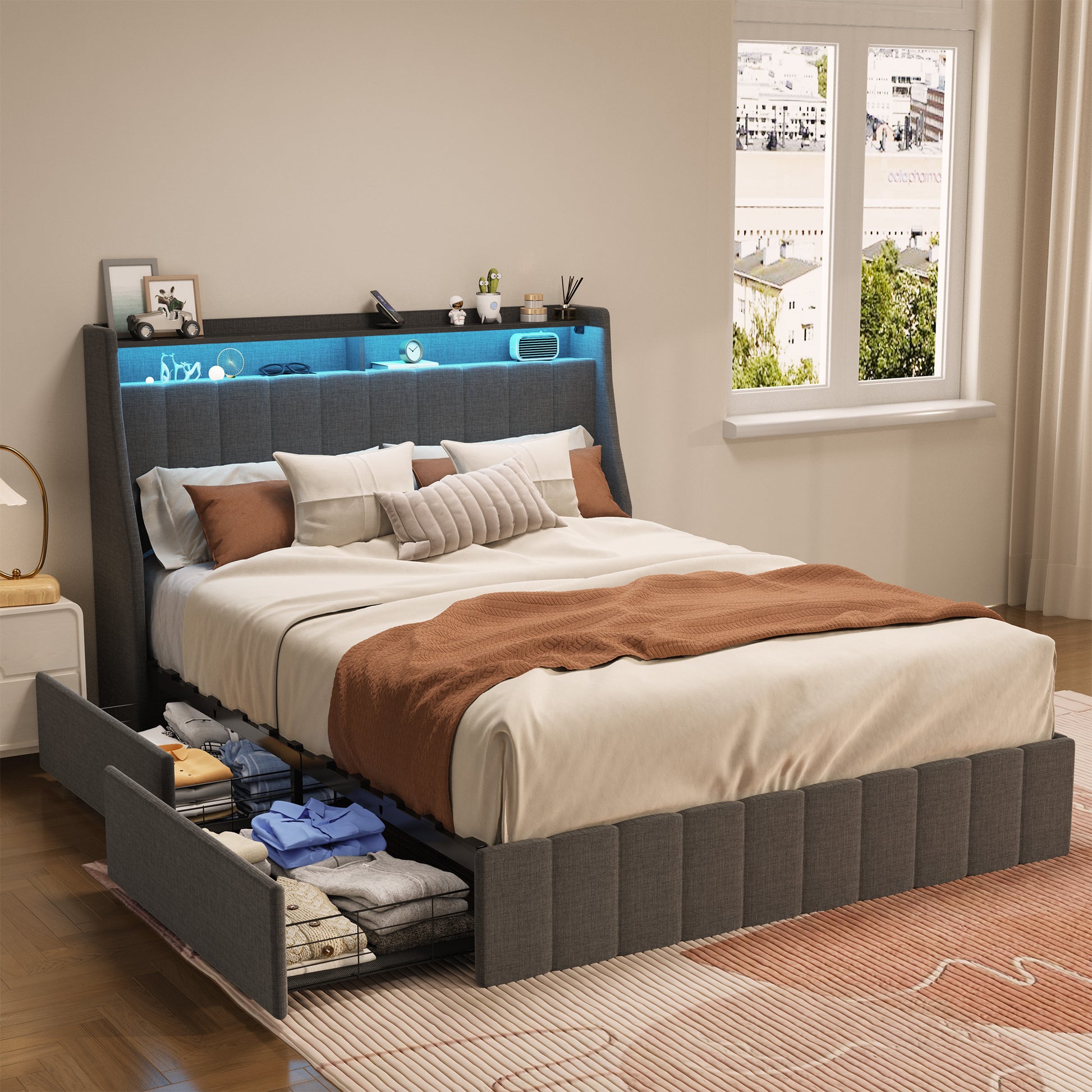 Queen Size Bed Frame With Led, 4 Under Bed Portable Storage Drawers, Wings Headboard Design, Dark Grey Box Spring Not Required Queen Dark Grey Metal Bedroom Bed Frame Upholstered Linen Upholstered