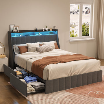 Queen Size Bed Frame With Led, 4 Under Bed Portable Storage Drawers, Wings Headboard Design, Dark Grey Box Spring Not Required Queen Dark Grey Metal Bedroom Bed Frame Upholstered Linen Upholstered