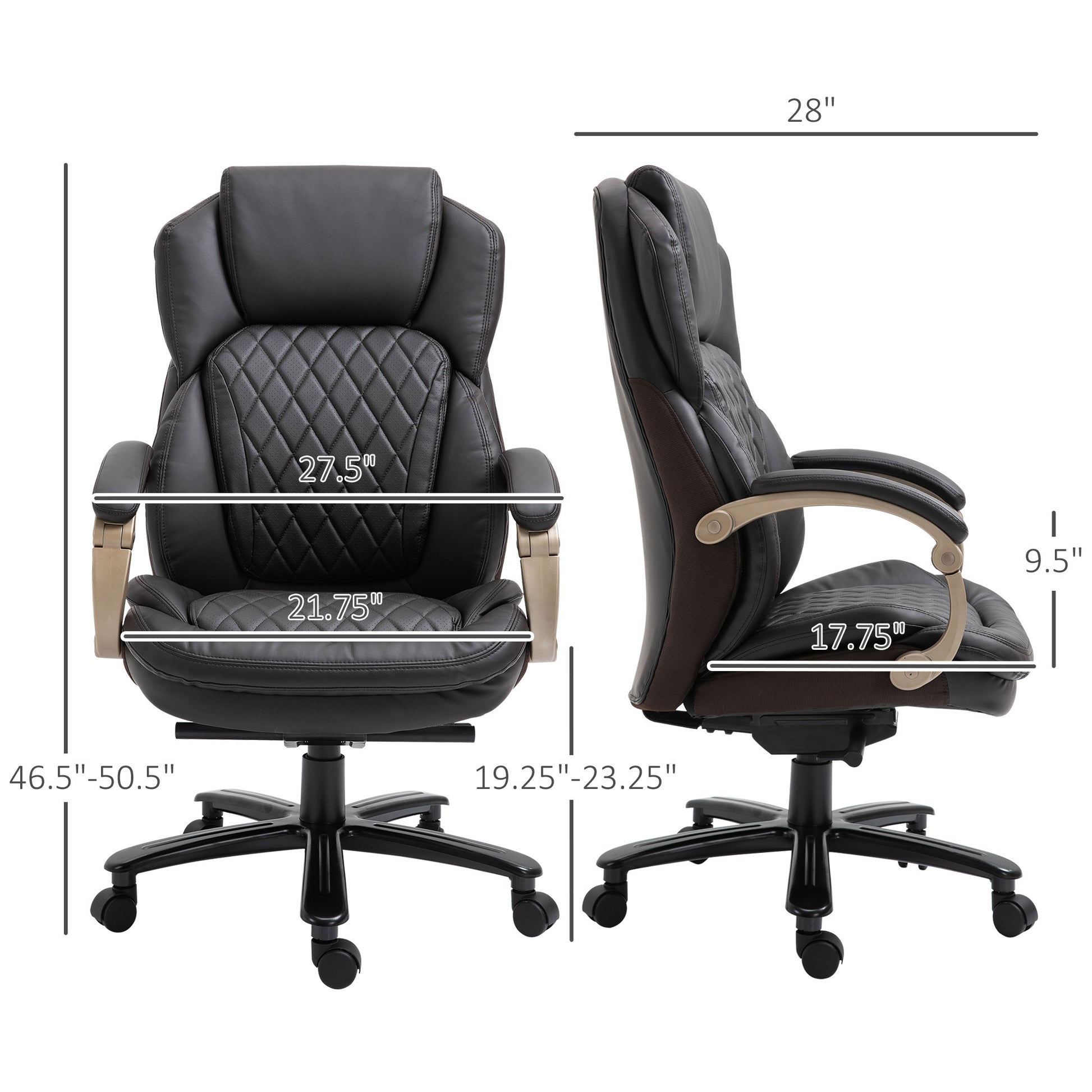 Big And Tall Executive Office Chair With Wide Seat, Computer Desk Chair With High Back Diamond Stitching, Adjustable Height & Swivel Wheels, Brown Brown Pu Leather