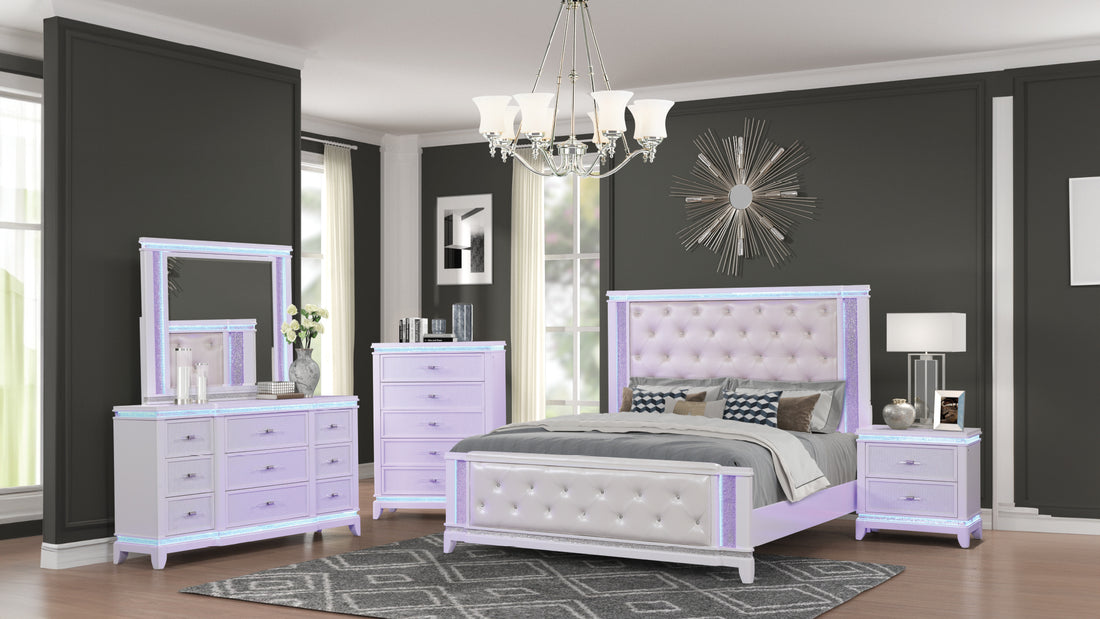 Opium King 5 Pc Bedroom Set In Milky White Box Spring Required King White Wood 5 Piece Set Bedroom Bed Included,Chest Included,Dresser Included,Mirror Included,Nightstand Included Contemporary,Modern Upholstered Built In Lighting Wood