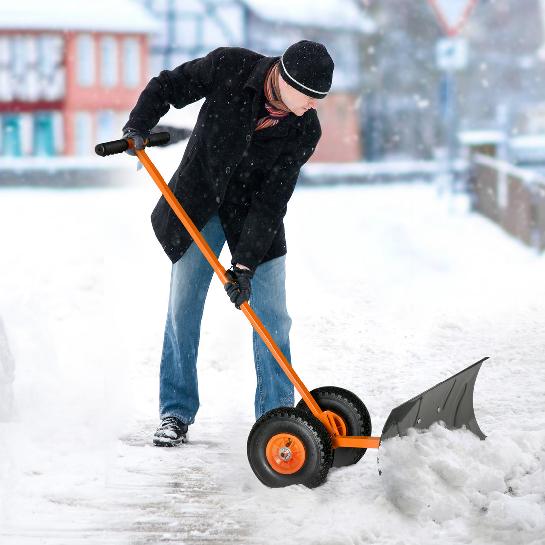 Snow Shovel With Wheels, Snow Pusher, Cushioned Adjustable Angle Handle Snow Removal Tool, 29" Blade, 10" Wheels, Orange Orange Steel