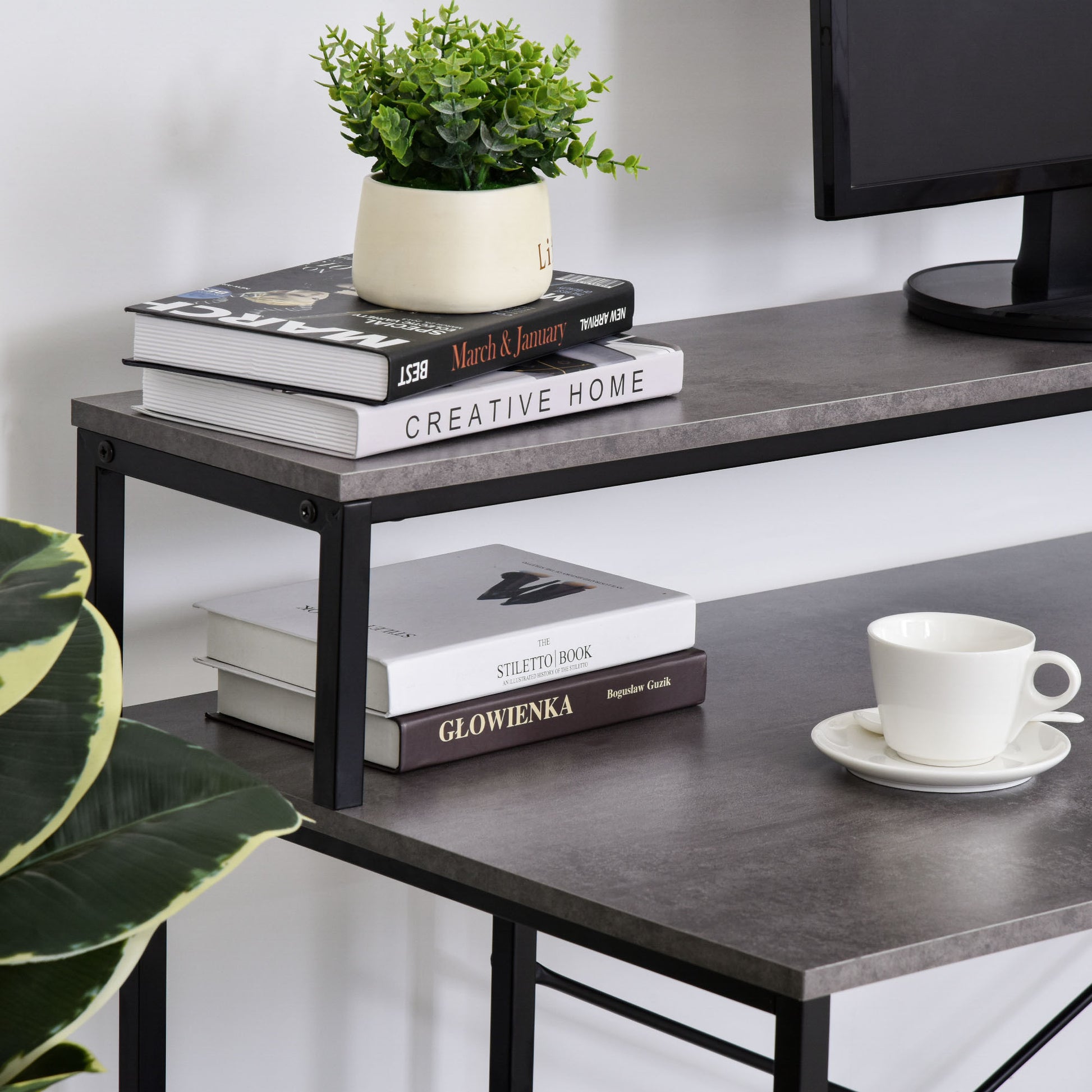 55 Inch Home Office Computer Desk Study Writing Workstation With Storage Shelves, Elevated Monitor Shelf, Cpu Stand, Durable X Shaped Construction, Grey Wood Grain Grey Engineered Wood