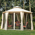 13' X 13' Patio Gazebo, Double Roof Hexagon Outdoor Gazebo Canopy Shelterwith Netting & Curtains, Solid Steel Frame For Garden, Lawn, Backyard And Deck, Beige Beige Steel