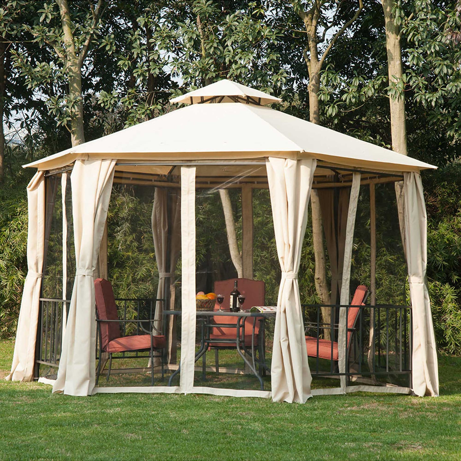 13' X 13' Patio Gazebo, Double Roof Hexagon Outdoor Gazebo Canopy Shelterwith Netting & Curtains, Solid Steel Frame For Garden, Lawn, Backyard And Deck, Beige Beige Steel