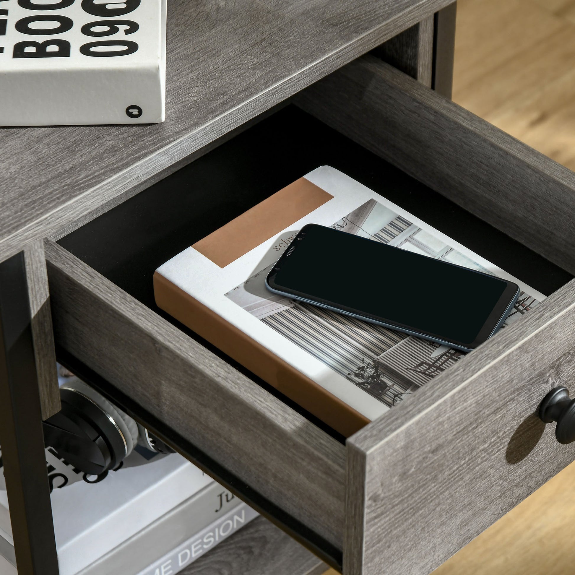 Industrial End Table With Storage Shelf, Accent Side Table With Drawer For Living Room, Or Bedroom, Grey Grey Particle Board