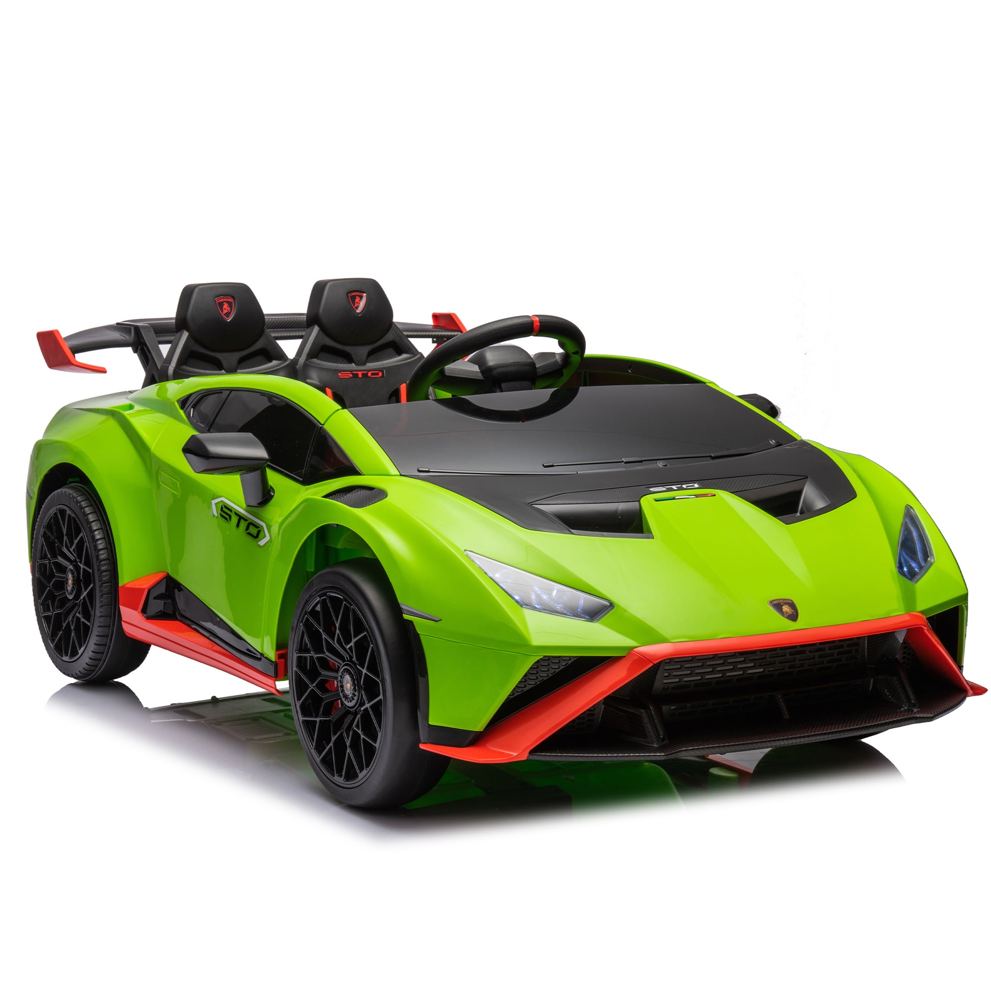 Lamborghini Huracan Sto 24V Kids Electric Ride On Drift Car: Speeds 1.86 5.59 Mph, Ages 3 8, Foam Front Wheels, 360 Spin, Led Lights, Dynamic Music, Early Learning, Usb Port, Drift Feature Green Polypropylene