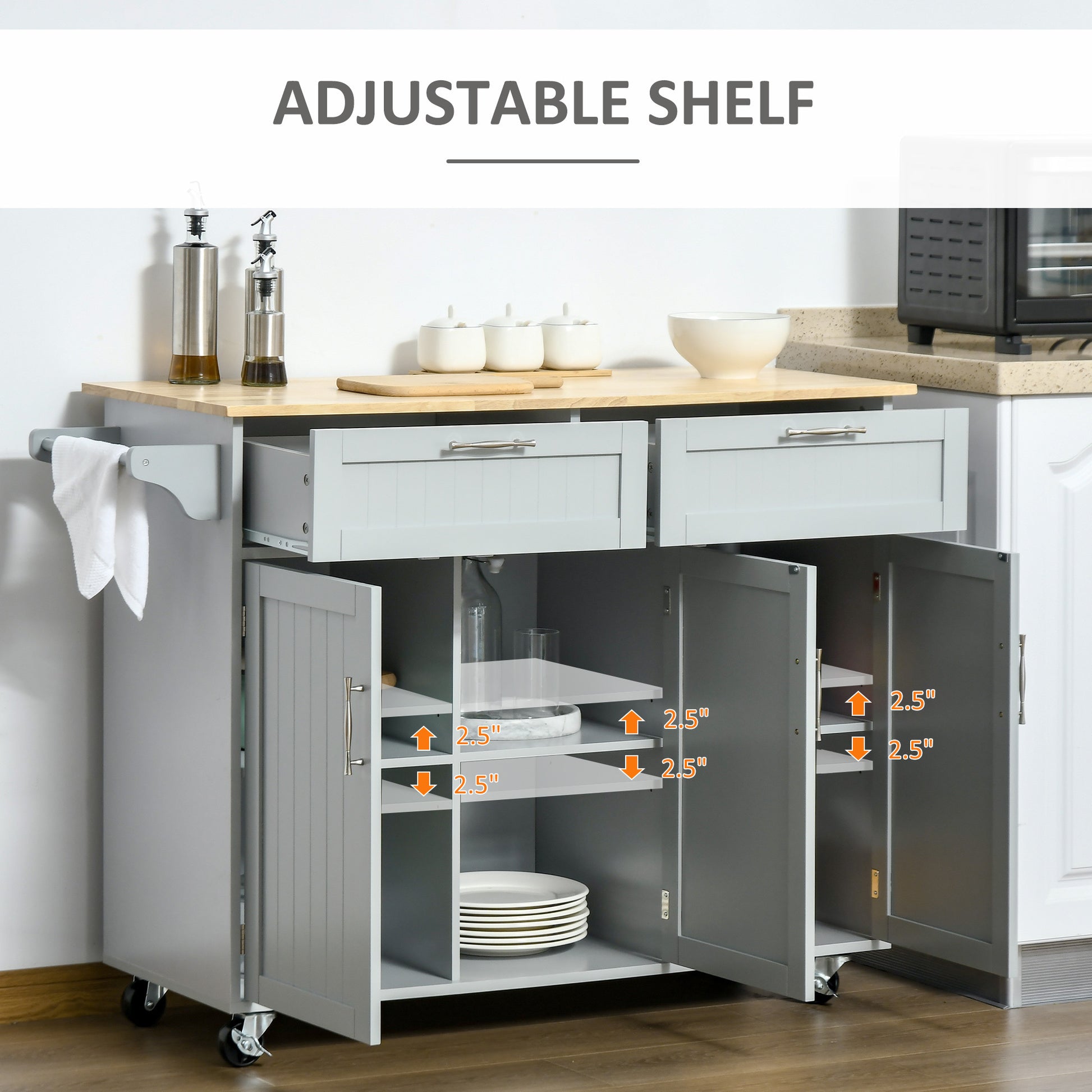 Mobile Kitchen Island With Storage, Kitchen Cart With Wood Top, Storage Drawers, 3 Door Cabinets, Adjustable Shelves And Towel Rack, Gray Grey Mdf