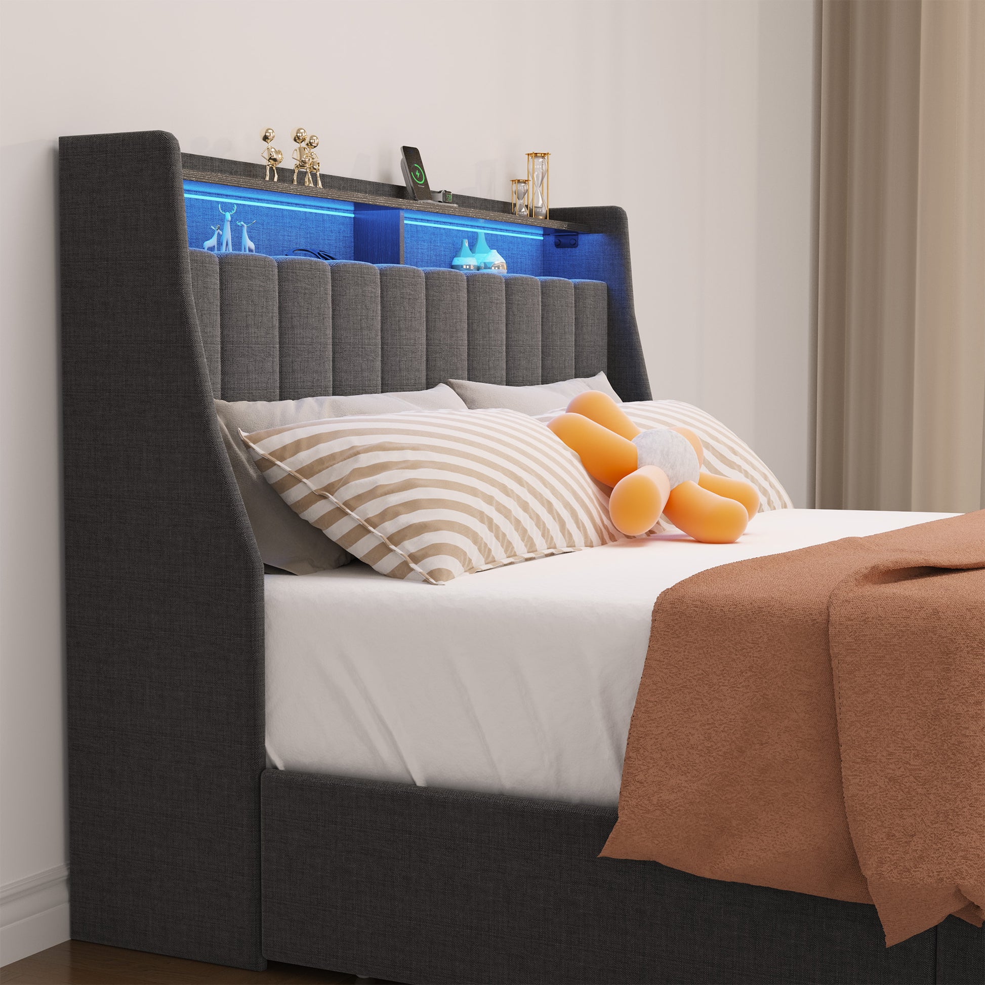 Queen Size Bed Frame With Led, 4 Under Bed Portable Storage Drawers, Wings Headboard Design, Dark Grey Box Spring Not Required Queen Dark Grey Metal Bedroom Bed Frame Upholstered Linen Upholstered