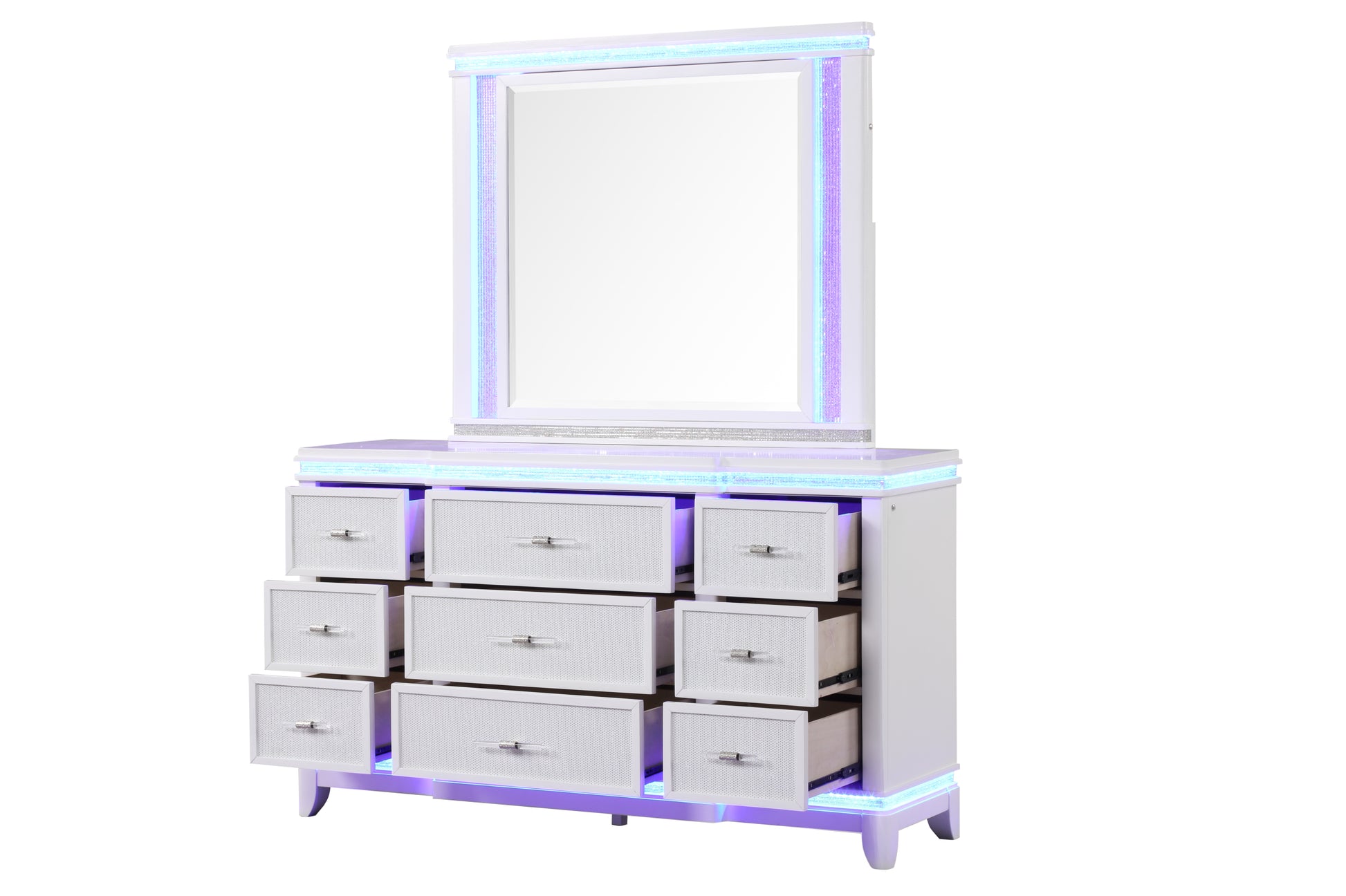 Opium Queen 5 Pc Bedroom Set In Milky White Box Spring Required Queen White Wood 5 Piece Set Bedroom Bed Included,Chest Included,Dresser Included,Mirror Included,Nightstand Included Contemporary,Modern Upholstered Built In Lighting Wood