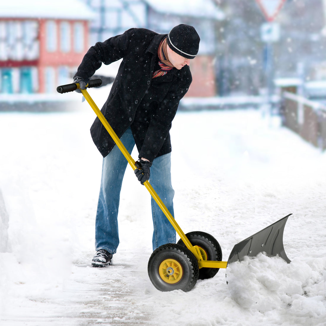 Snow Shovel With Wheels, Snow Pusher, Cushioned Adjustable Angle Handle Snow Removal Tool, 29" Blade, 10" Wheels, Yellow Yellow Steel