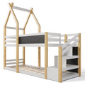 Twin Over Twin House Bunk Bed With White Storage Staircase And Blackboard, White And Natural Box Spring Not Required Twin White Bed Frame Pine