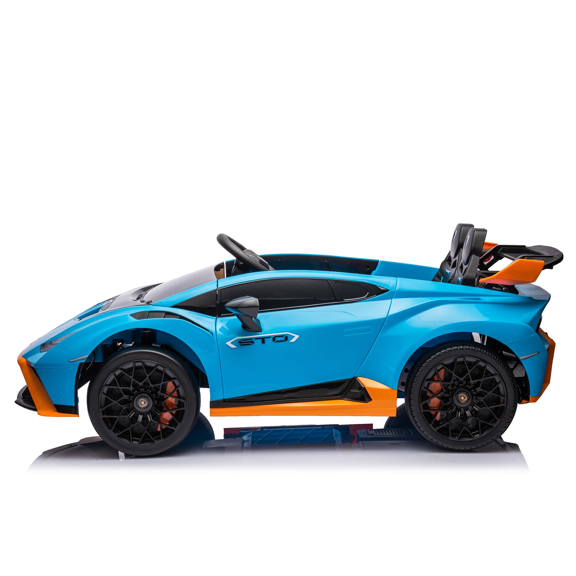 Lamborghini Huracan Sto 24V Kids Electric Ride On Drift Car: Speeds 1.86 5.59 Mph, Ages 3 8, Foam Front Wheels, 360 Spin, Led Lights, Dynamic Music, Early Learning, Usb Port, Drift Feature Blue