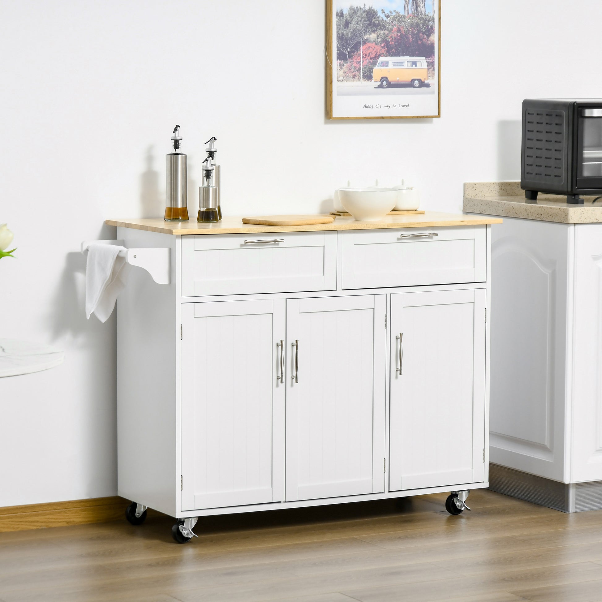 Mobile Kitchen Island With Storage, Kitchen Cart With Wood Top, Storage Drawers, 3 Door Cabinets, Adjustable Shelves And Towel Rack, White White Mdf