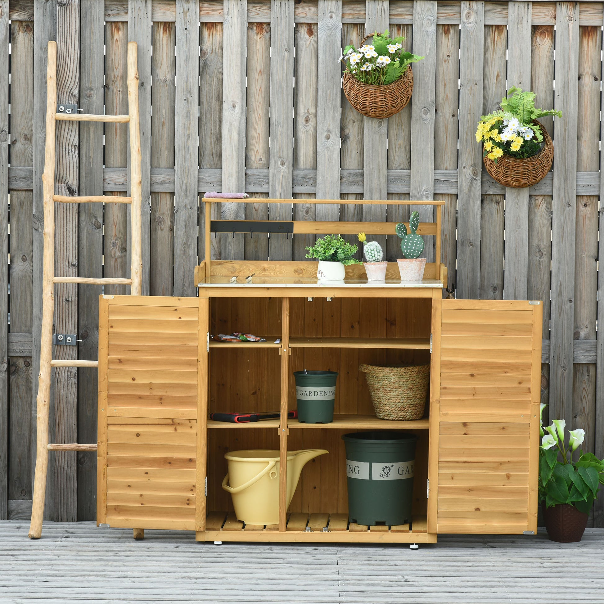 Garden Potting Bench Table Wooden Workstation Shed With Tabletop, Hooks, 3 Tier Shelves Cabinet And 2 Magnetic Close Doors Yellow Wood