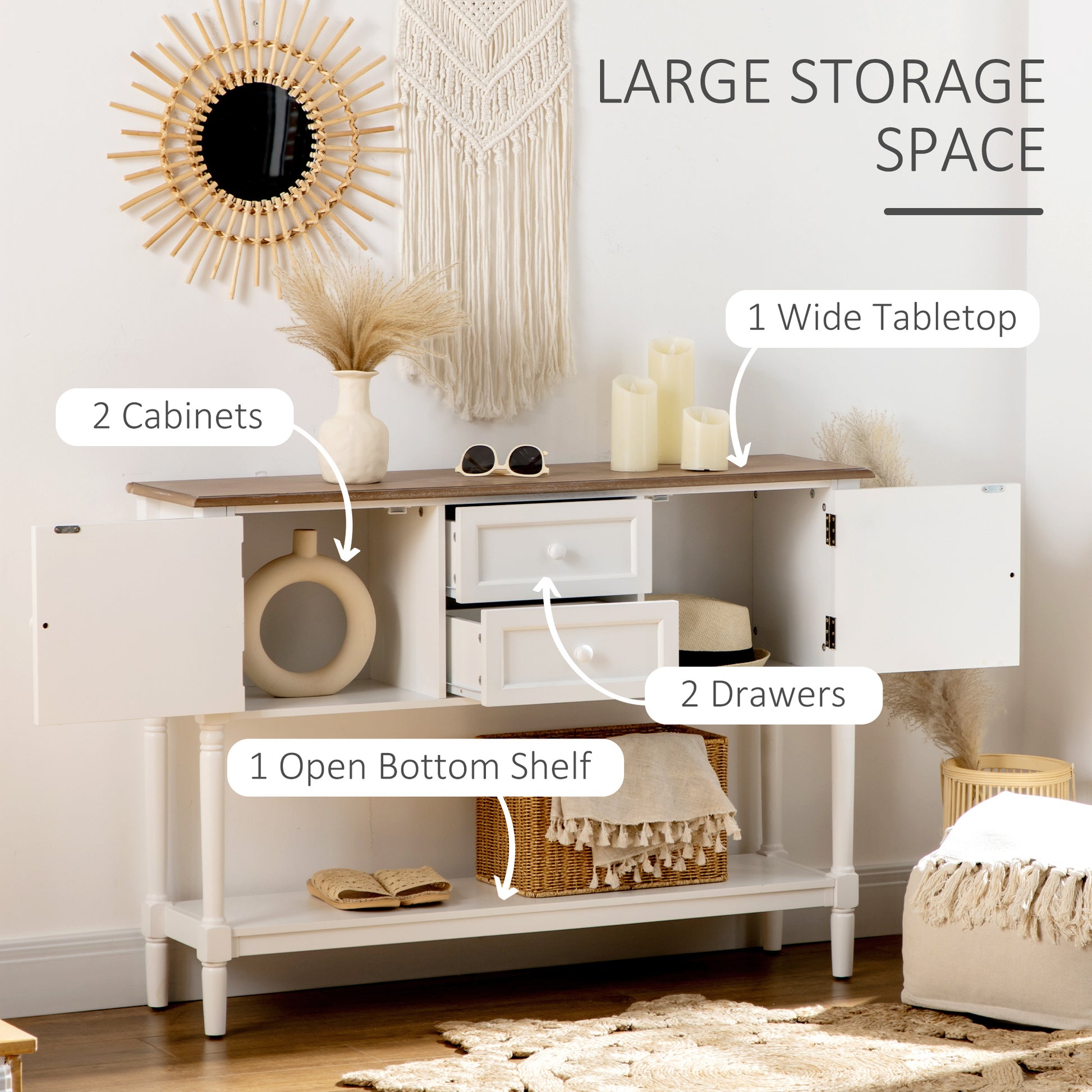 Console Table With Drawers, Vintage Entryway Table With 2 Drawers, Cabinets And Bottom Shelf, Retro Sofa Table For Living Room, Bedroom, White White Mdf