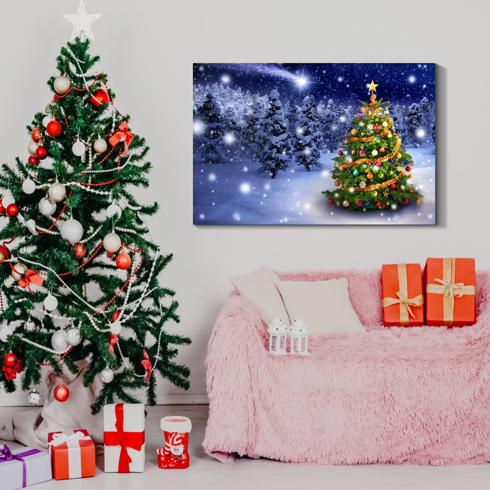 Framed Canvas Wall Art Decor Painting For Chrismas, Chrismas Tree In Forest Chrismas Painting For Chrismas Gift, Decoration For Chrismas Eve Office Living Room, Bedroom Decor 2418In Thickness 1.5Inch Rectangle Framed Multicolor Christmas Oversized 41In