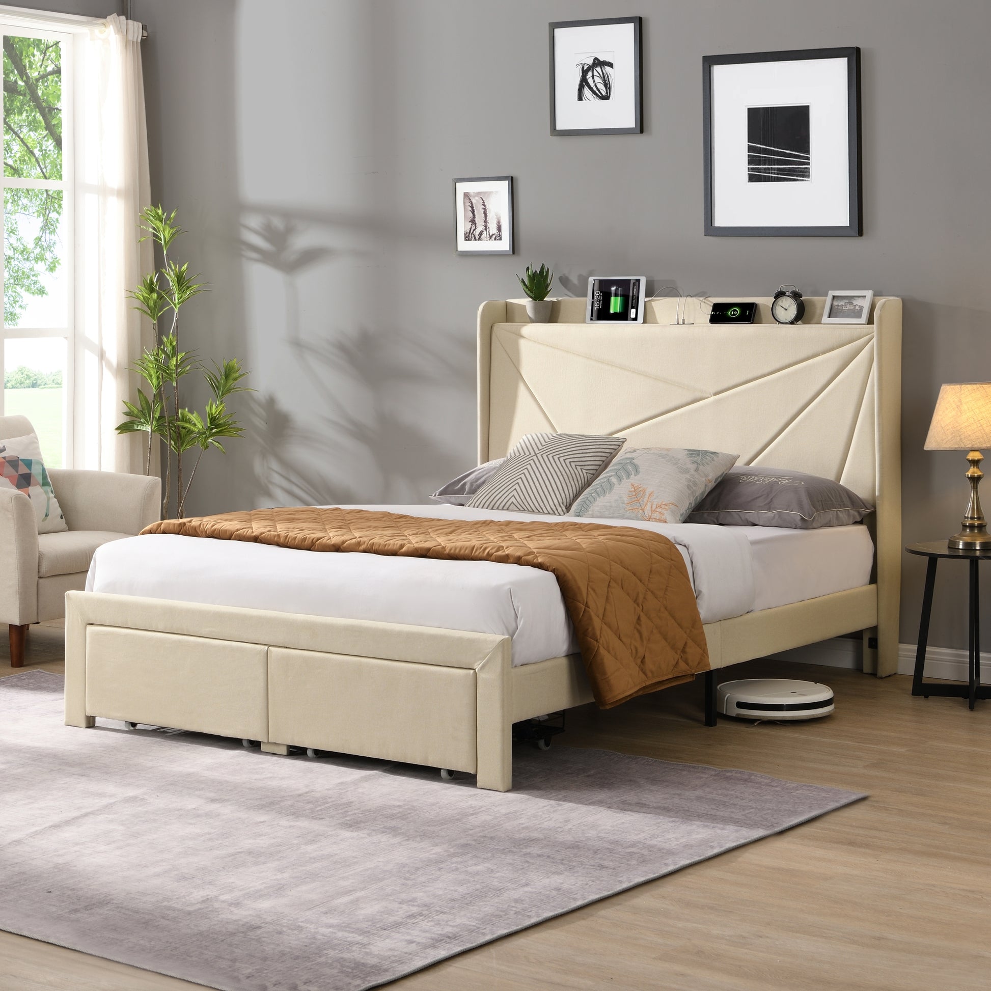 Full Size Bed Frame With 2 Storage Drawers, Upholstered Bed Frame With Wingback Headboard Storage Shelf Built In Usb Charging Stations And Strong Wood Slats Support, No Box Spring Needed, Beige Box Spring Not Required Full Beige Composite Bedroom Bed