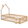 Twin House Shaped Headboard Floor Bed With Fence,Natural Twin Natural Wood Bedroom American Design Pine Bed Frame Pine