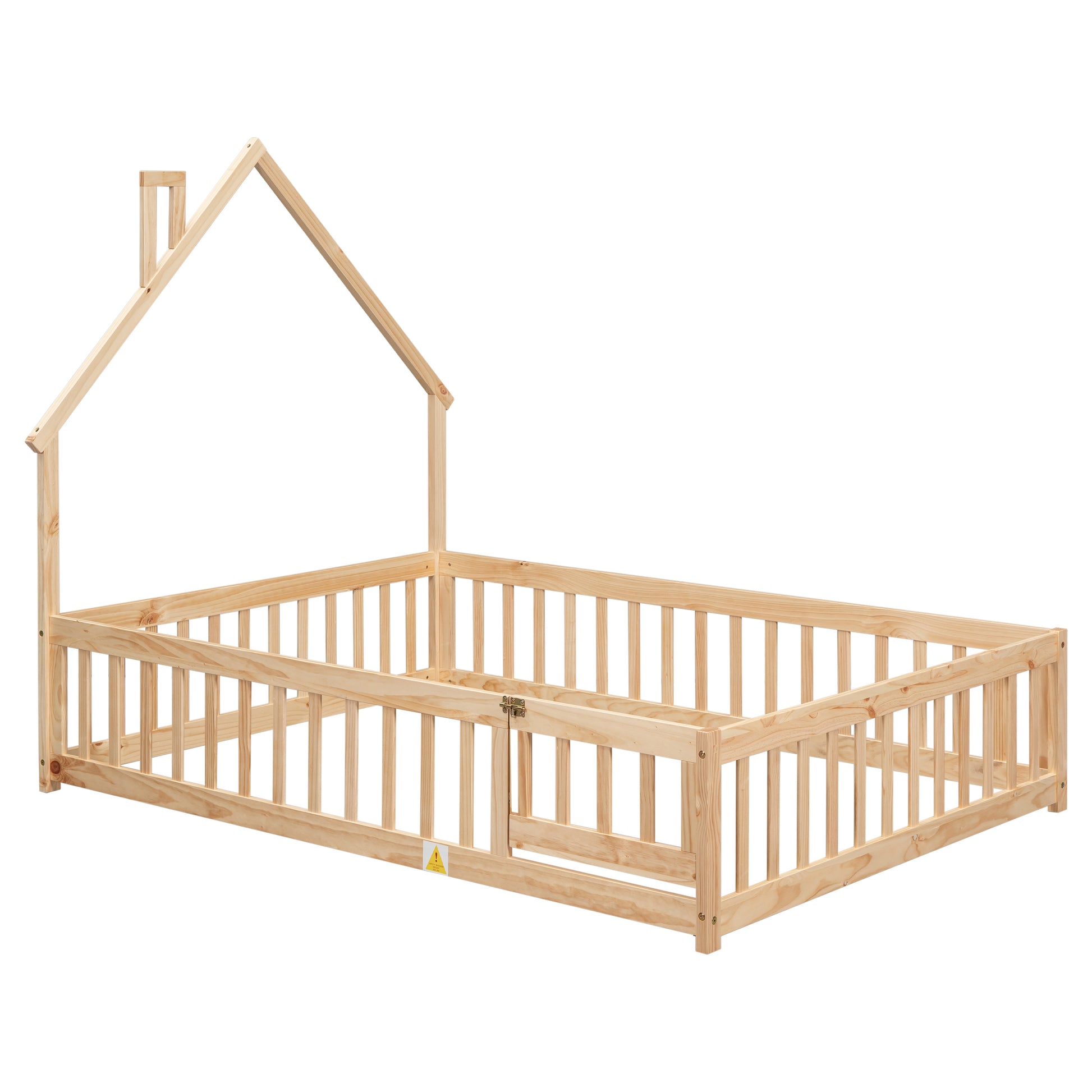 Full House Shaped Headboard Floor Bed With Fence,Natural Full Natural Wood Bedroom American Design Pine Bed Frame Pine