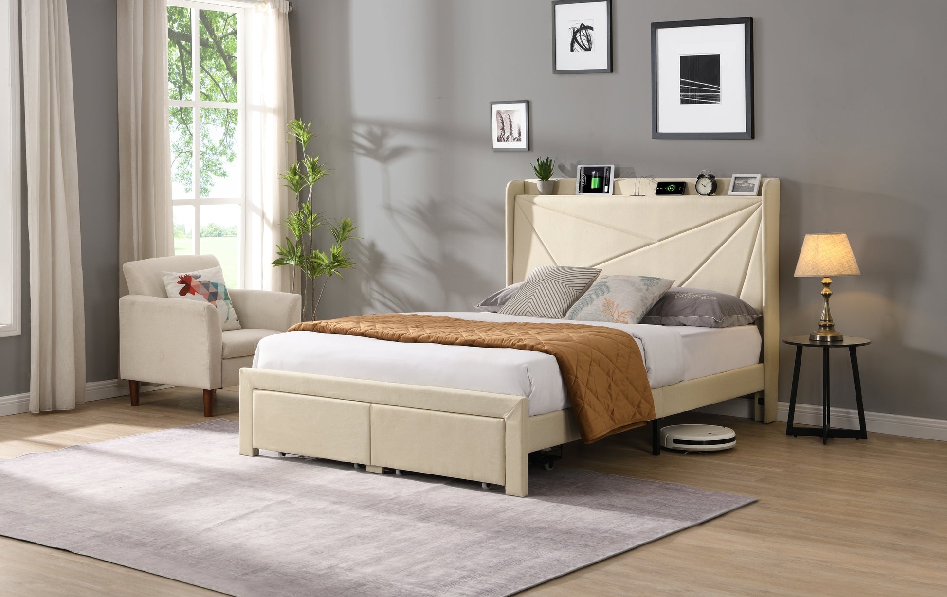 Full Size Bed Frame With 2 Storage Drawers, Upholstered Bed Frame With Wingback Headboard Storage Shelf Built In Usb Charging Stations And Strong Wood Slats Support, No Box Spring Needed, Beige Box Spring Not Required Full Beige Composite Bedroom Bed