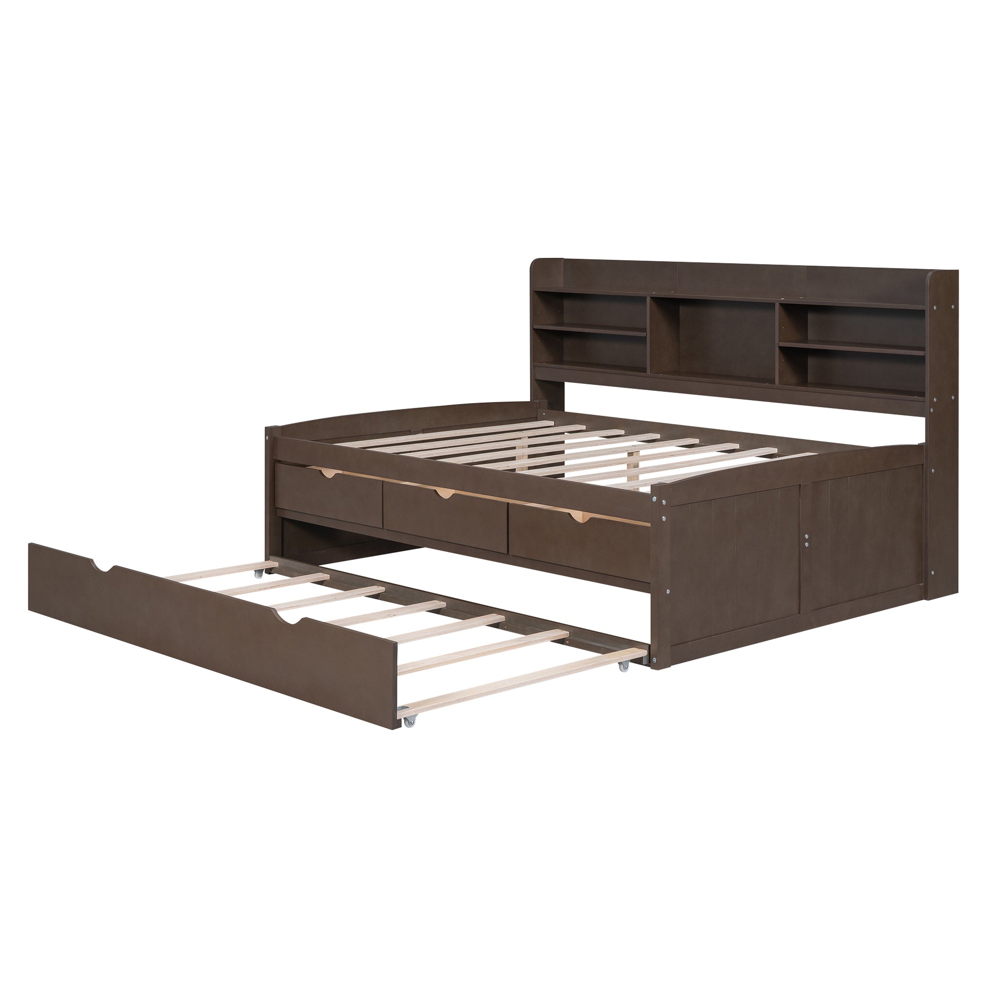 Full Size Wooden Captain Bed With Built In Bookshelves,Three Storage Drawers And Trundle,Antique Grey Antique Gray Solid Wood Mdf