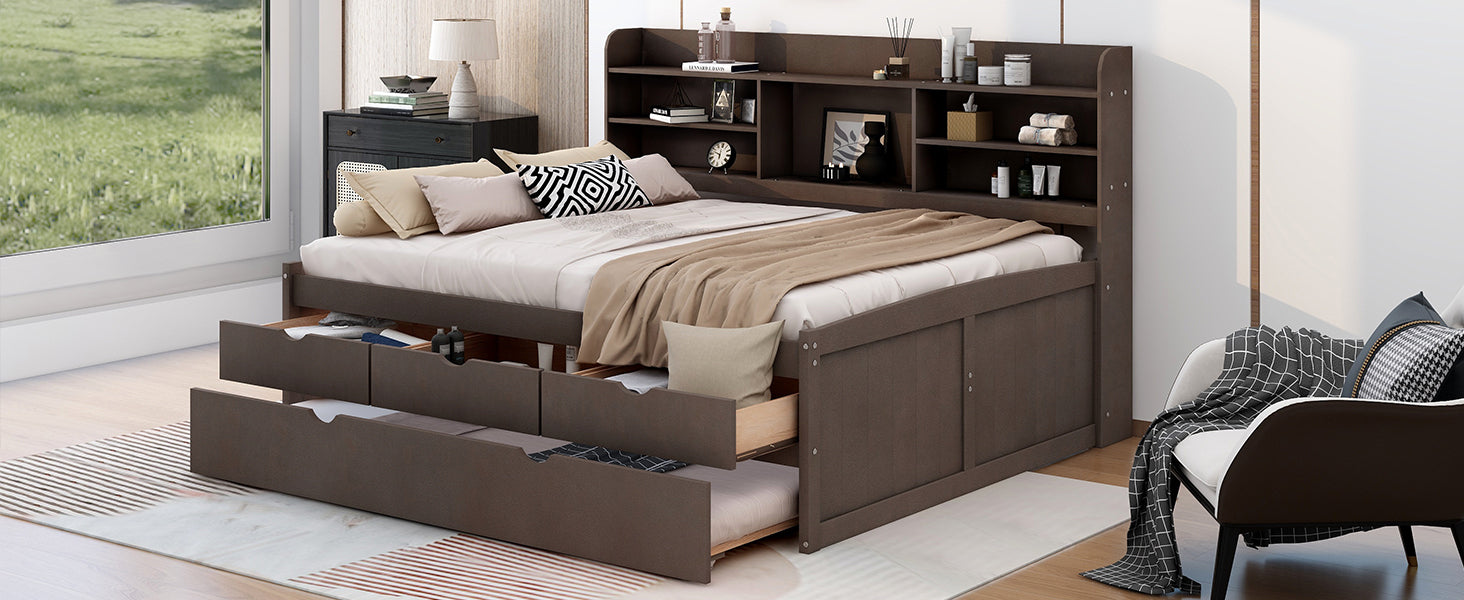 Full Size Wooden Captain Bed With Built In Bookshelves,Three Storage Drawers And Trundle,Antique Grey Antique Gray Solid Wood Mdf