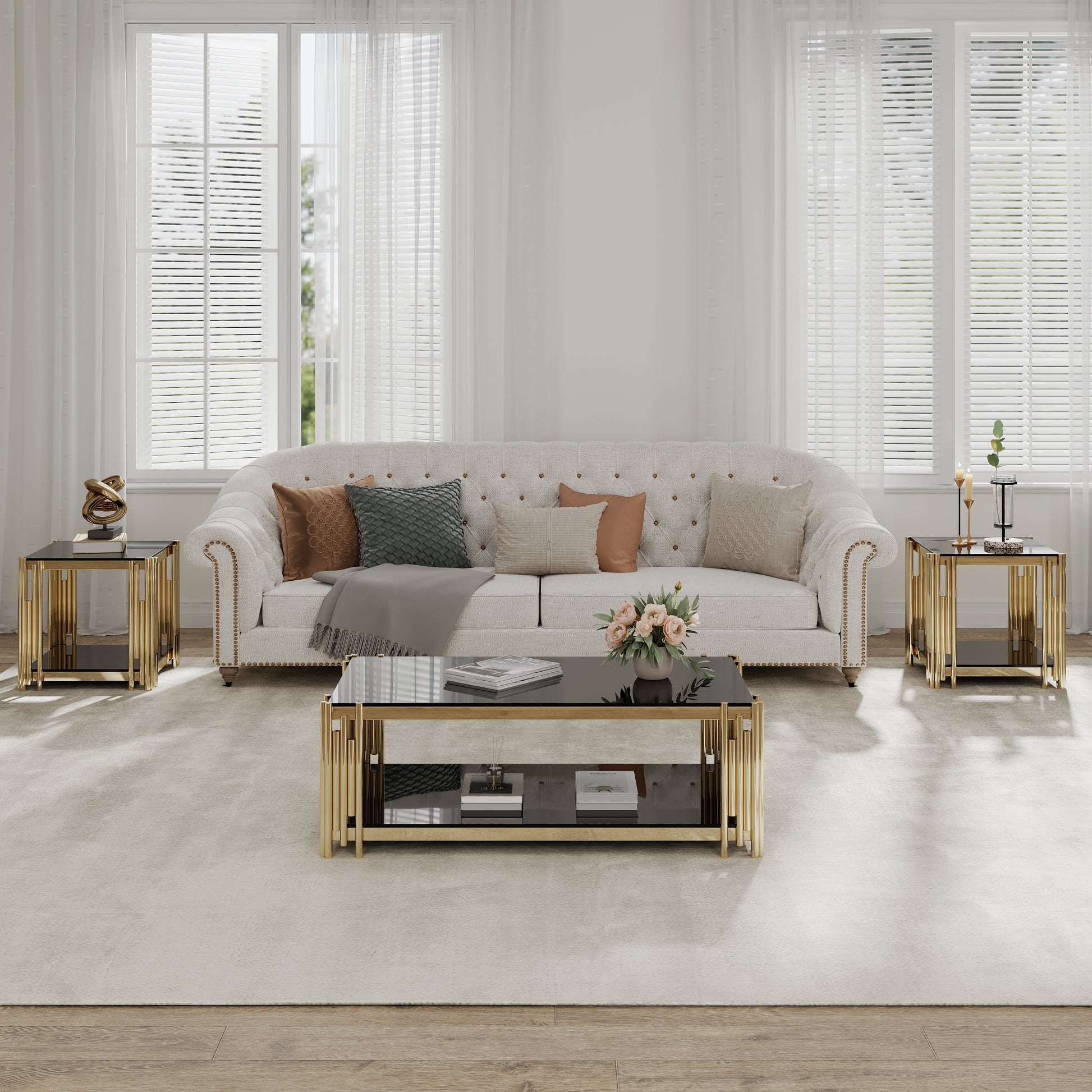 48" Wide Rectangular Coffee Table With Black Tempered Glass Top, Golden Stainless Steel Double Layer Coffee Table For Living Room Polished Golden Stainless Steel