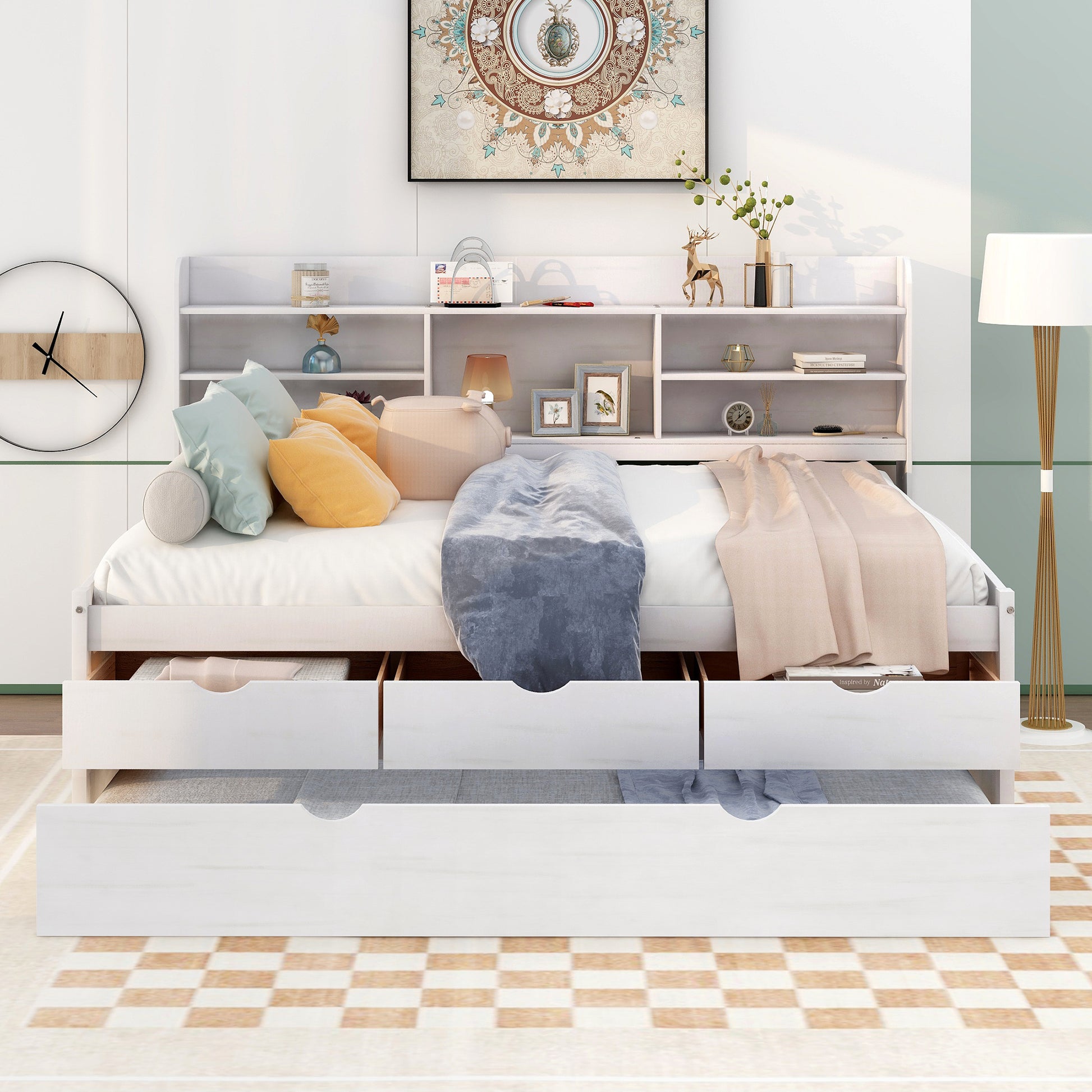 Full Size Wooden Captain Bed With Built In Bookshelves,Three Storage Drawers And Trundle,White Wash White Solid Wood Mdf