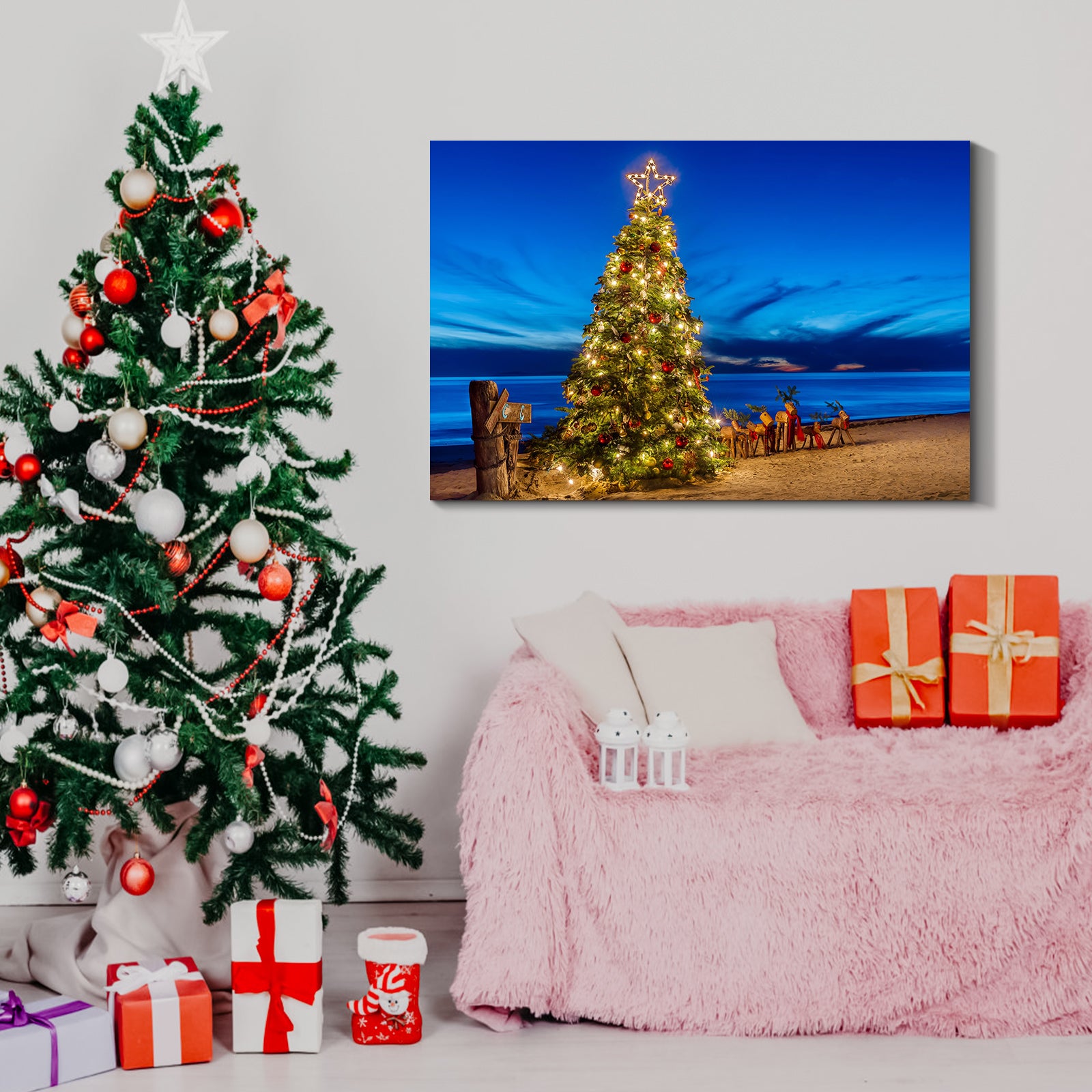 Framed Canvas Wall Art Decor Painting For Chrismas, Chrismas Tree On Seaside Chrismas Gift Painting For Chrismas Gift, Decoration For Chrismas Eve Office Living Room, Bedroom 2418In Thickness 1.5Inch Rectangle Framed Multicolor Christmas Oversized 41In