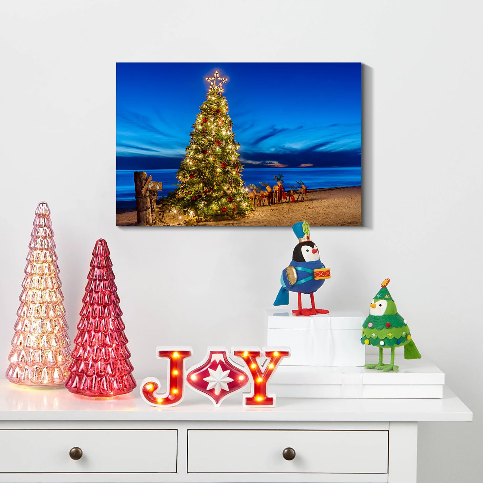 Framed Canvas Wall Art Decor Painting For Chrismas, Chrismas Tree On Seaside Chrismas Gift Painting For Chrismas Gift, Decoration For Chrismas Eve Office Living Room, Bedroom 4028In Thickness 1.5Inch Rectangle Framed Multicolor Christmas Oversized 41In