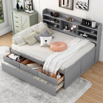 Full Size Wooden Captain Bed With Built In Bookshelves,Three Storage Drawers And Trundle,Light Grey Old Sku:Gx001029Aae Light Grey Solid Wood Mdf