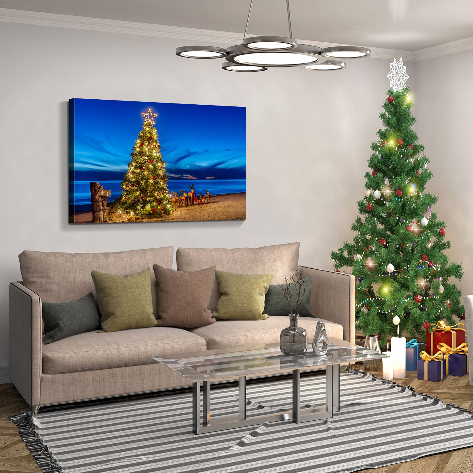 Framed Canvas Wall Art Decor Painting For Chrismas, Chrismas Tree On Seaside Chrismas Gift Painting For Chrismas Gift, Decoration For Chrismas Eve Office Living Room, Bedroom 1812In Thickness 1.5Inch Rectangle Framed Multicolor Christmas Oversized 41In