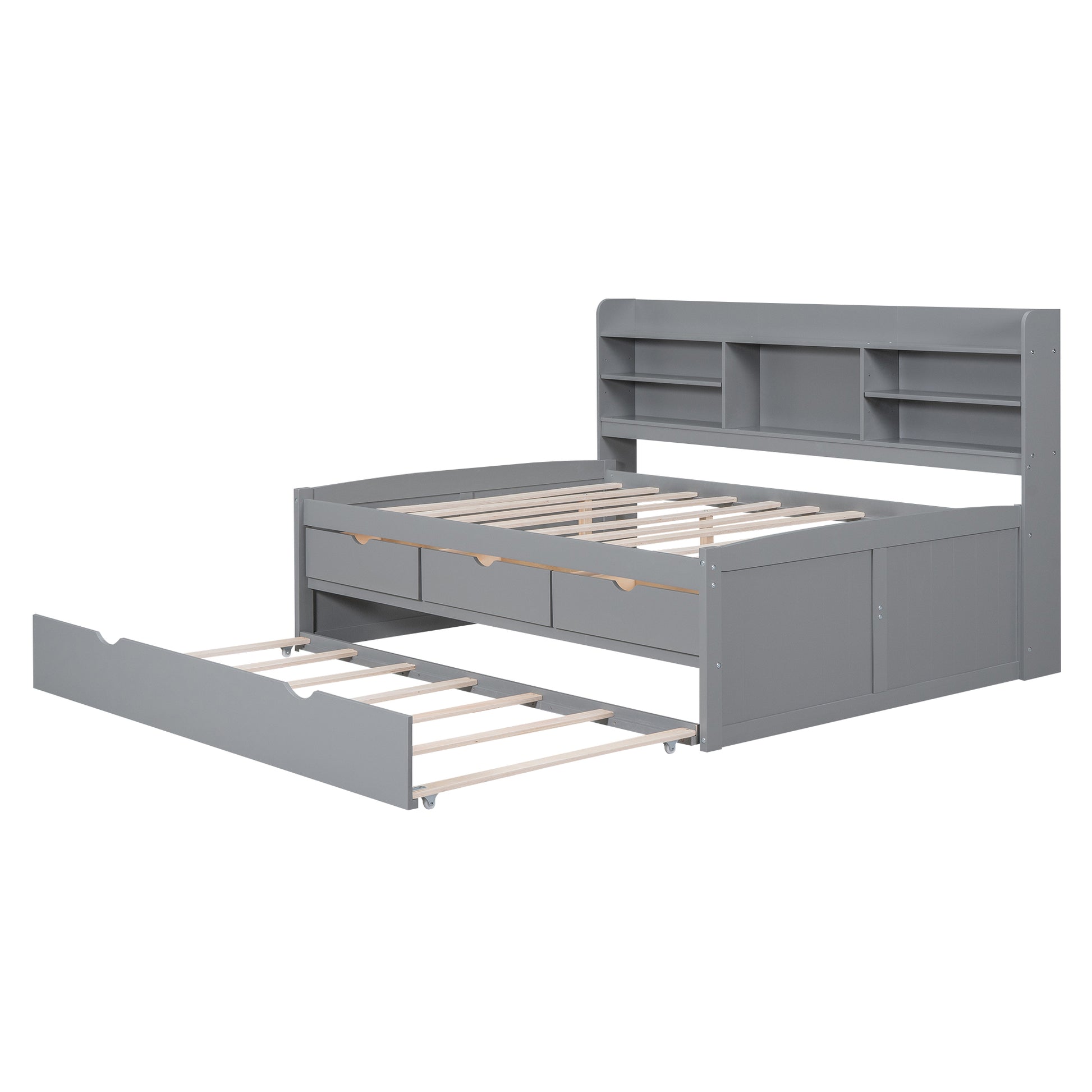 Full Size Wooden Captain Bed With Built In Bookshelves,Three Storage Drawers And Trundle,Light Grey Old Sku:Gx001029Aae Light Grey Solid Wood Mdf