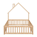 Full House Shaped Headboard Floor Bed With Fence,Natural Full Natural Wood Bedroom American Design Pine Bed Frame Pine