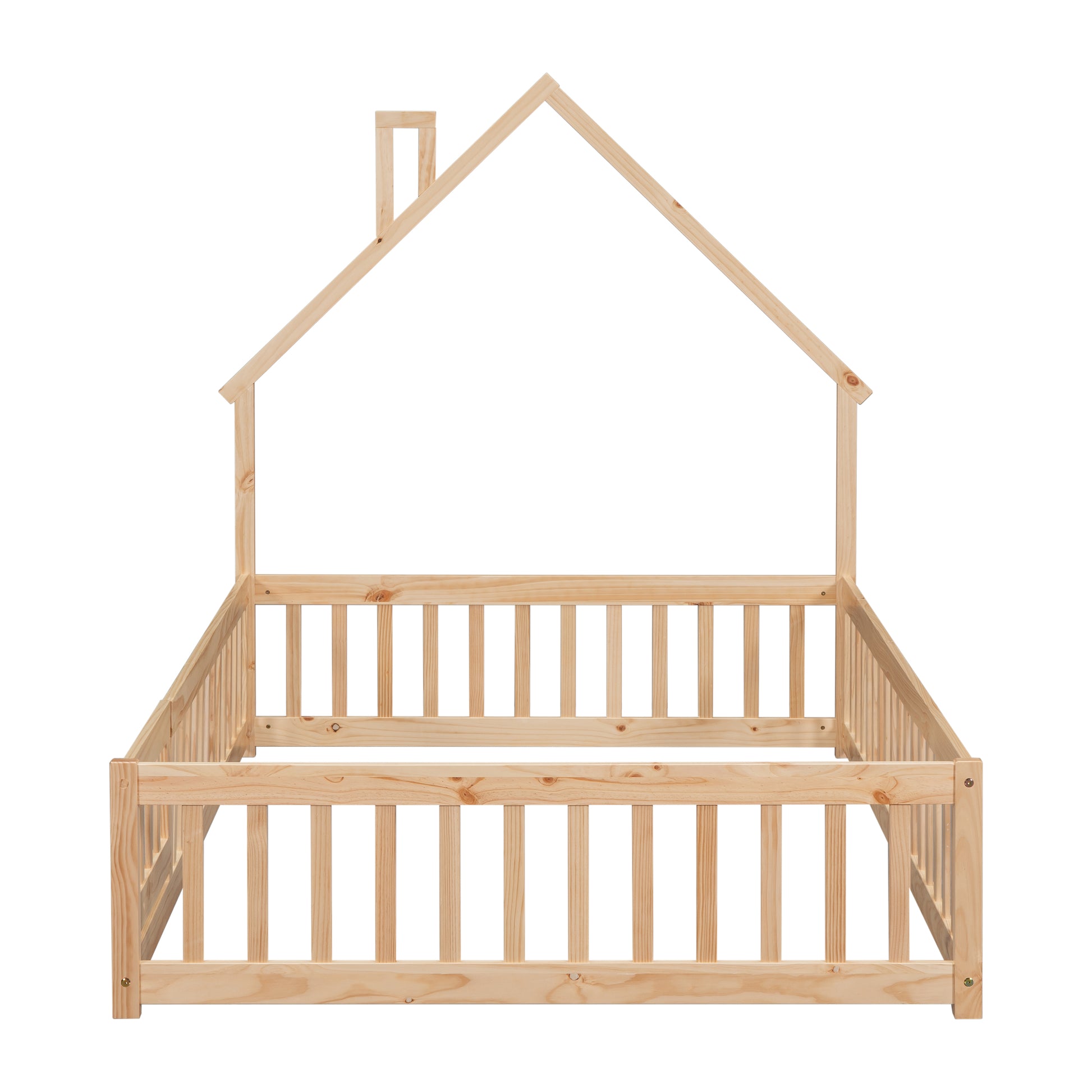 Full House Shaped Headboard Floor Bed With Fence,Natural Full Natural Wood Bedroom American Design Pine Bed Frame Pine