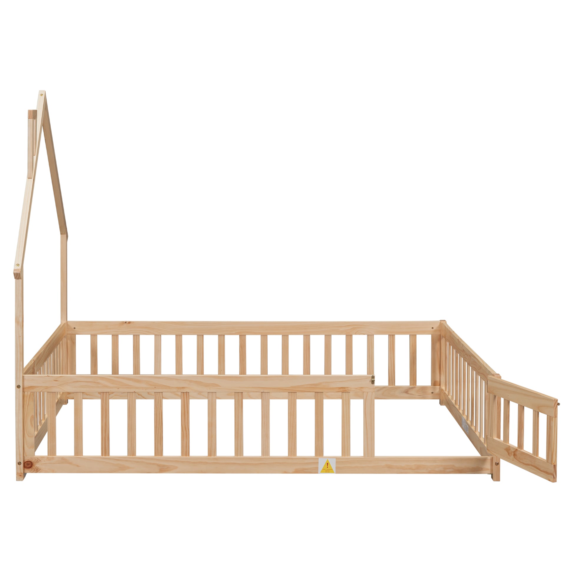 Full House Shaped Headboard Floor Bed With Fence,Natural Full Natural Wood Bedroom American Design Pine Bed Frame Pine