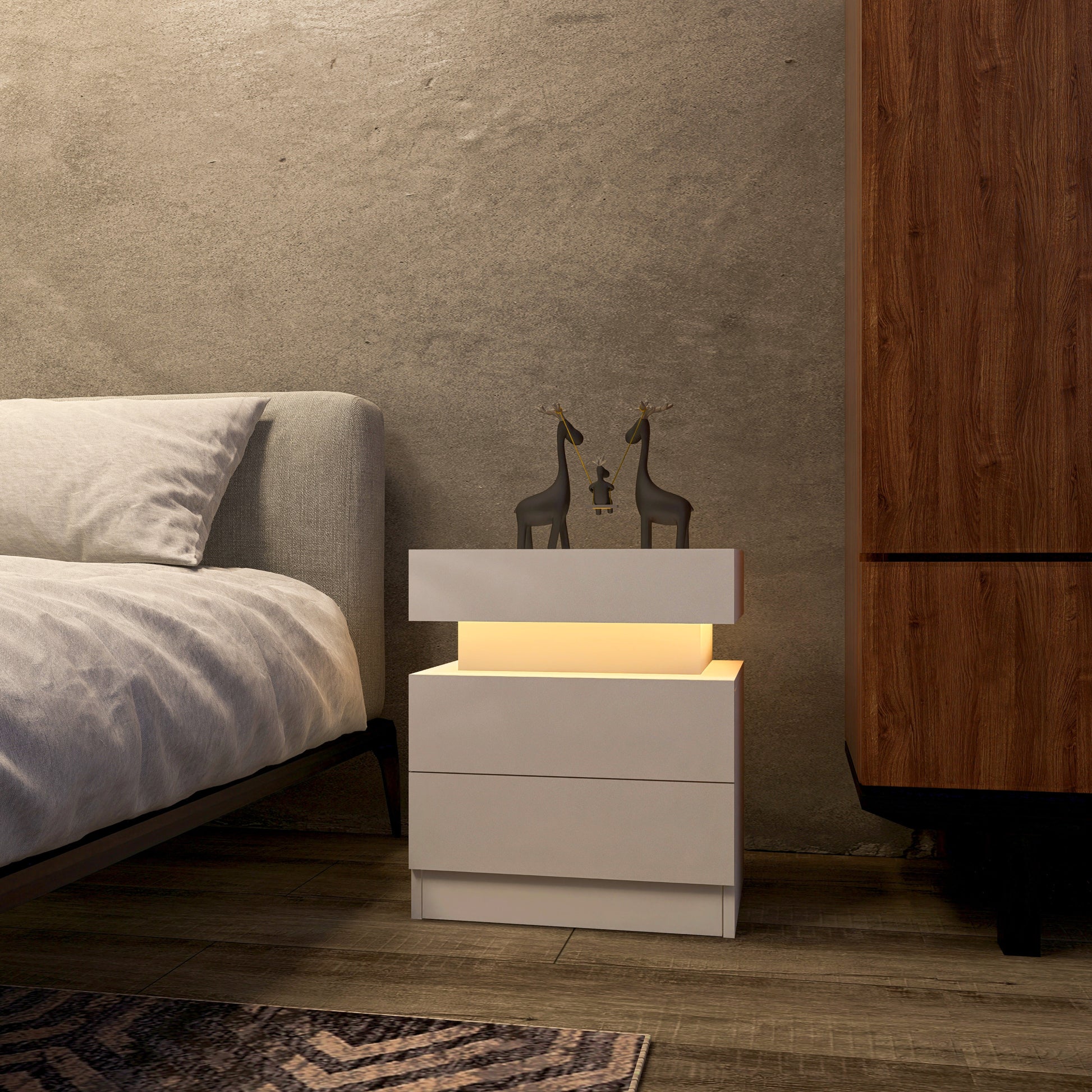 Led Nightstand Modern White Nightstand With Led Lights Wood Led Bedside Table Nightstand With 2 High Gloss Drawers For Bedroom White Abs Pc Particle Board