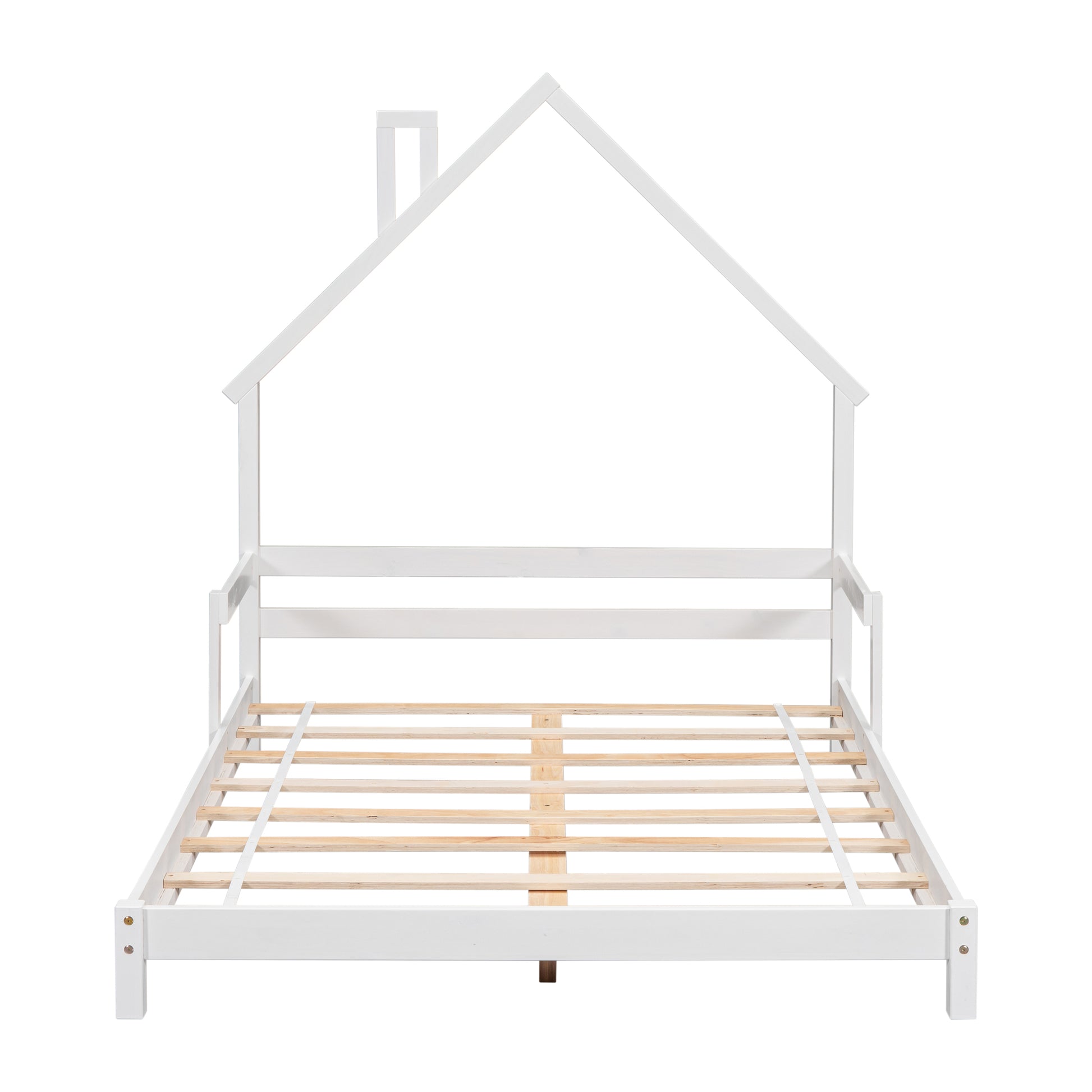 Full House Shaped Headboard Bed With Handrails ,Slats ,White Full White Wood Bedroom American Design Pine Bed Frame Pine