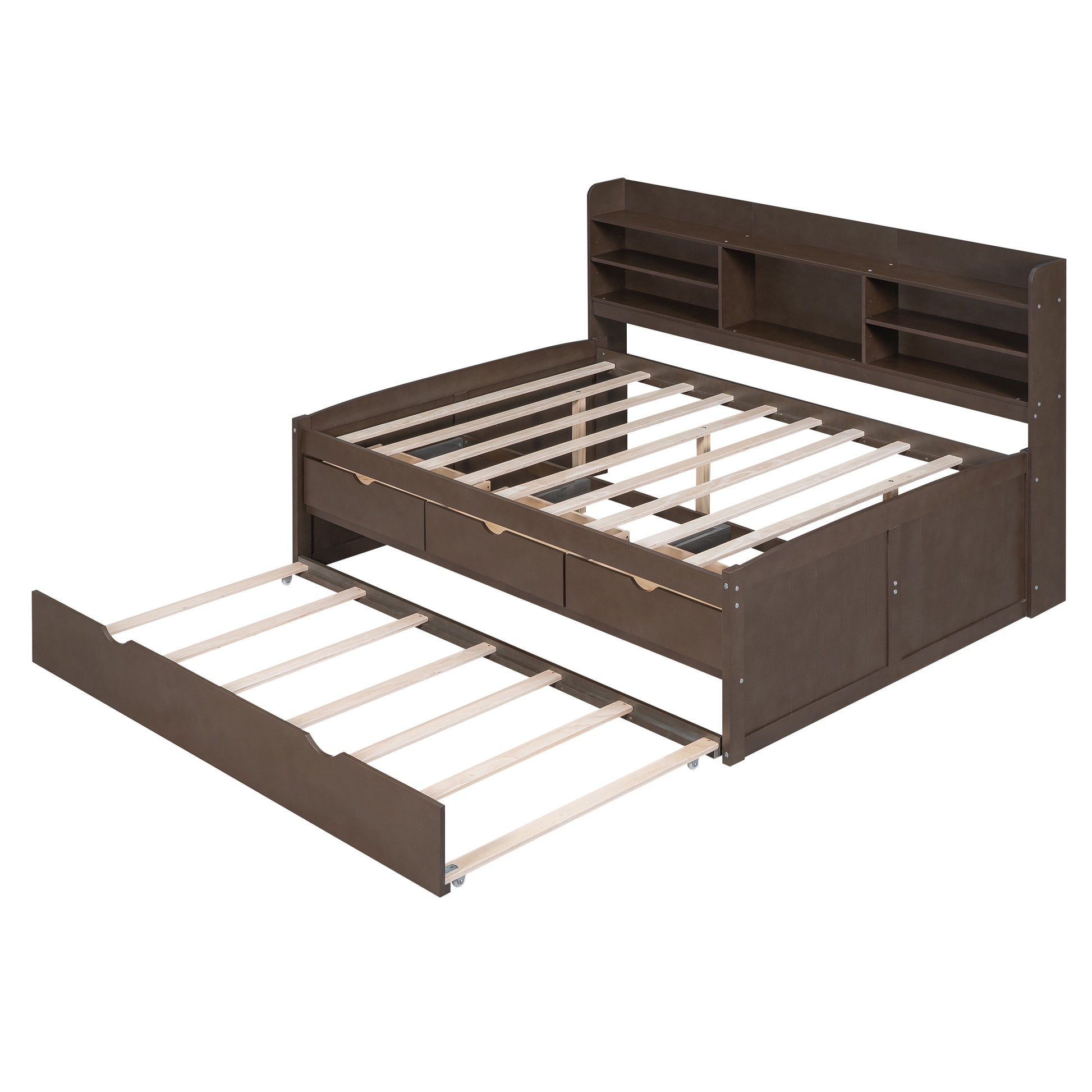 Full Size Wooden Captain Bed With Built In Bookshelves,Three Storage Drawers And Trundle,Antique Grey Antique Gray Solid Wood Mdf