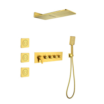 Wall Mounted Waterfall Rain Shower System With 3 Body Sprays & Handheld Shower Brushed Gold Wall Mounted Bathroom Brass