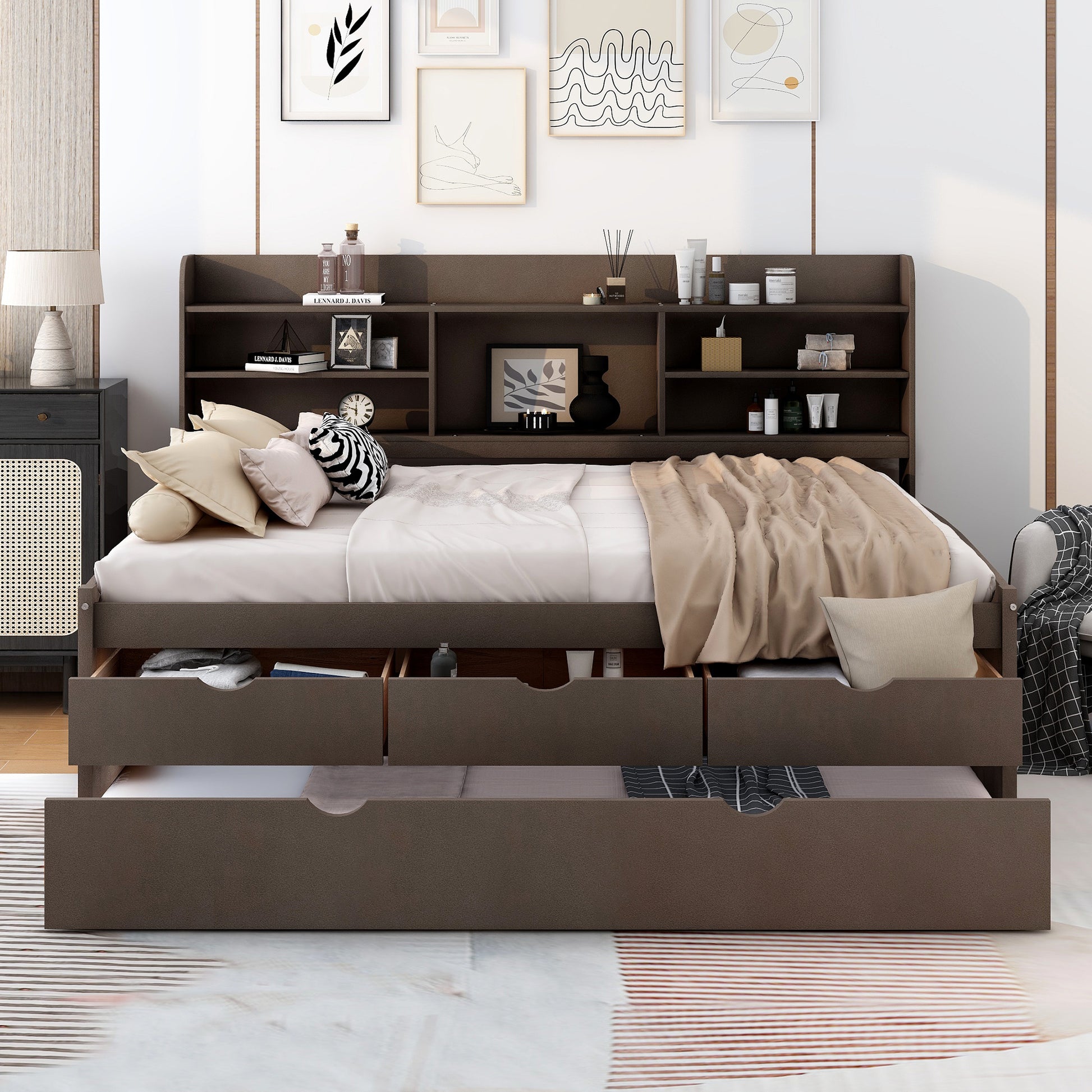 Full Size Wooden Captain Bed With Built In Bookshelves,Three Storage Drawers And Trundle,Antique Grey Antique Gray Solid Wood Mdf